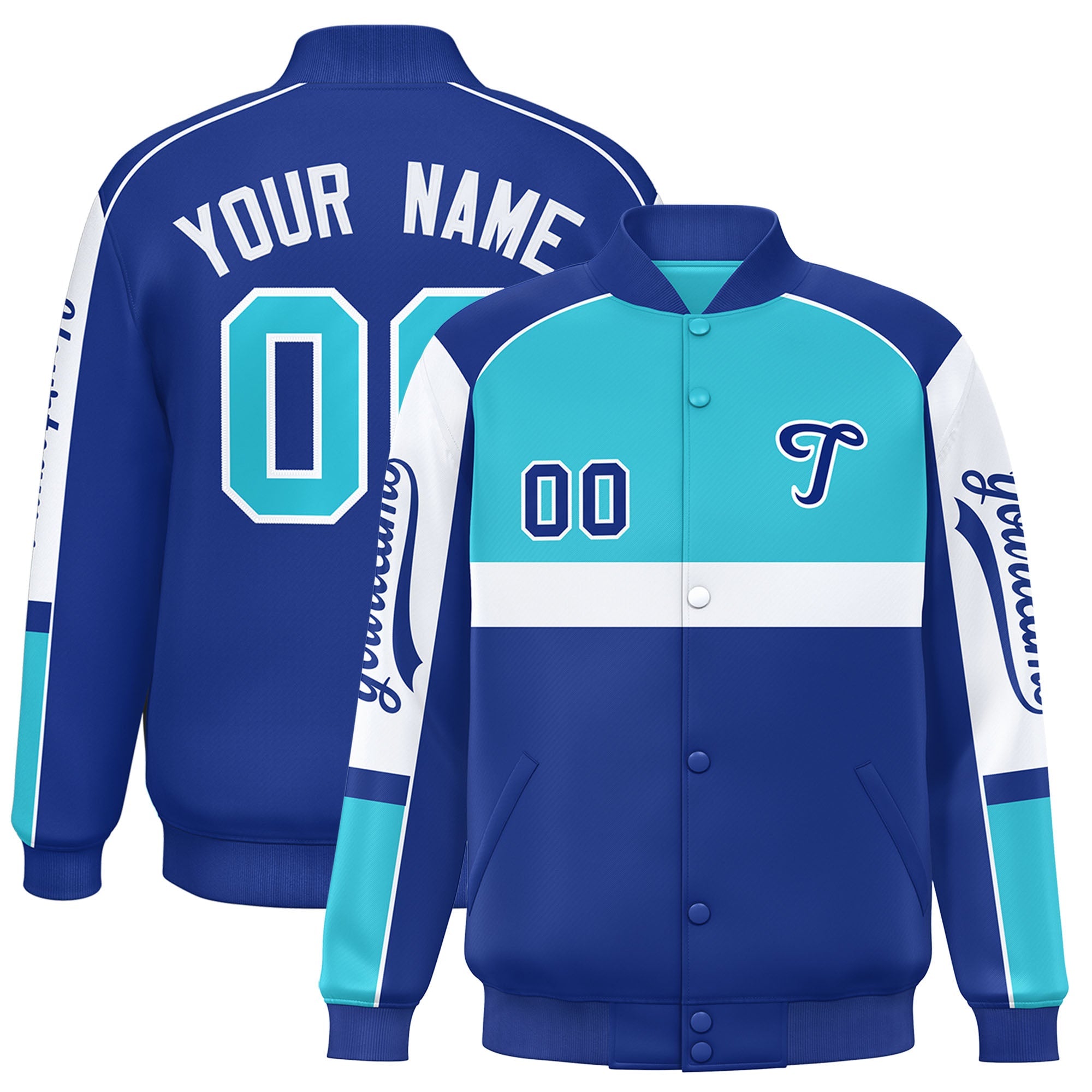 Custom Sky Blue Royal Varsity Full-Snap Raglan Sleeves Letterman Jacket