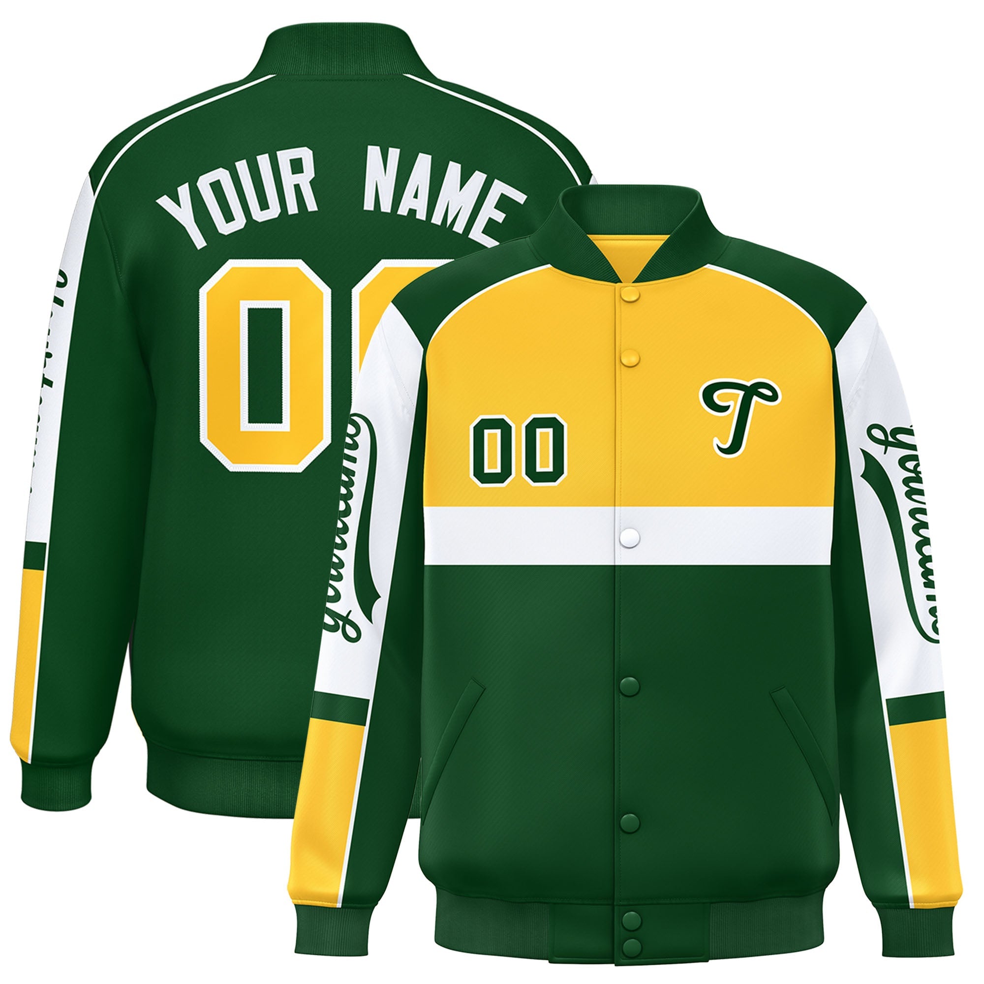 Custom Yellow Green Varsity Full-Snap Raglan Sleeves Letterman Jacket