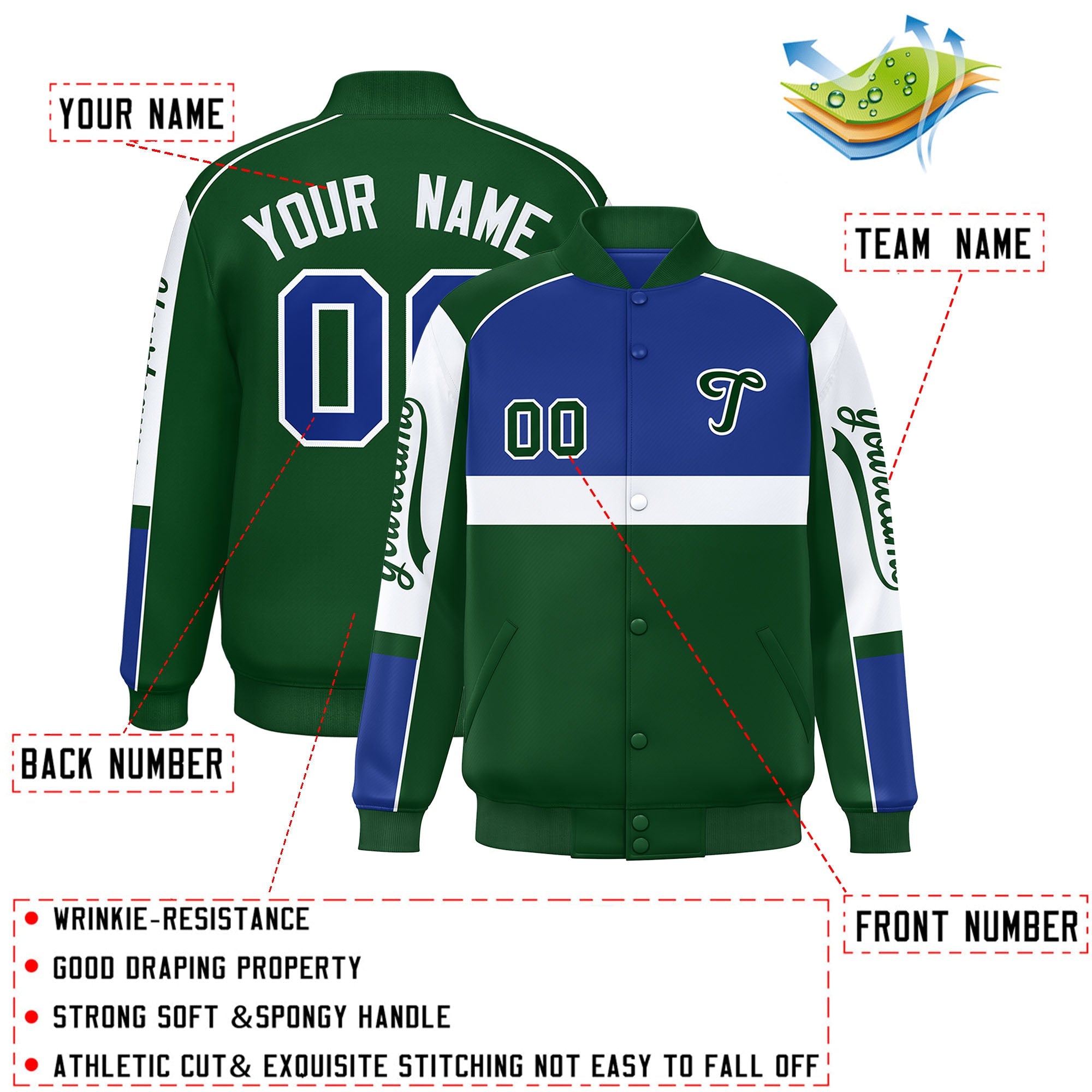 Custom Royal Green Varsity Full-Snap Raglan Sleeves Letterman Jacket