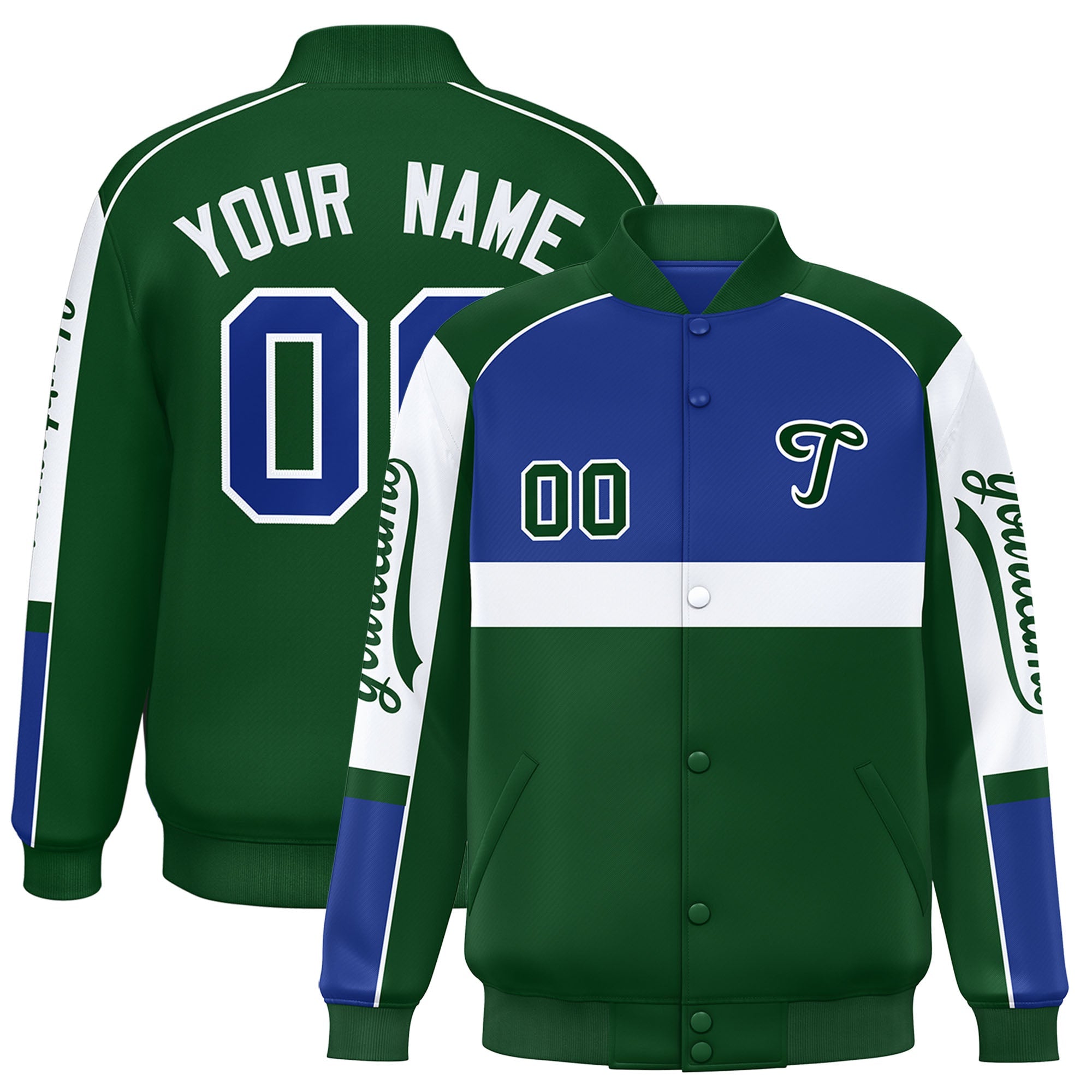 Custom Royal Green Varsity Full-Snap Raglan Sleeves Letterman Jacket