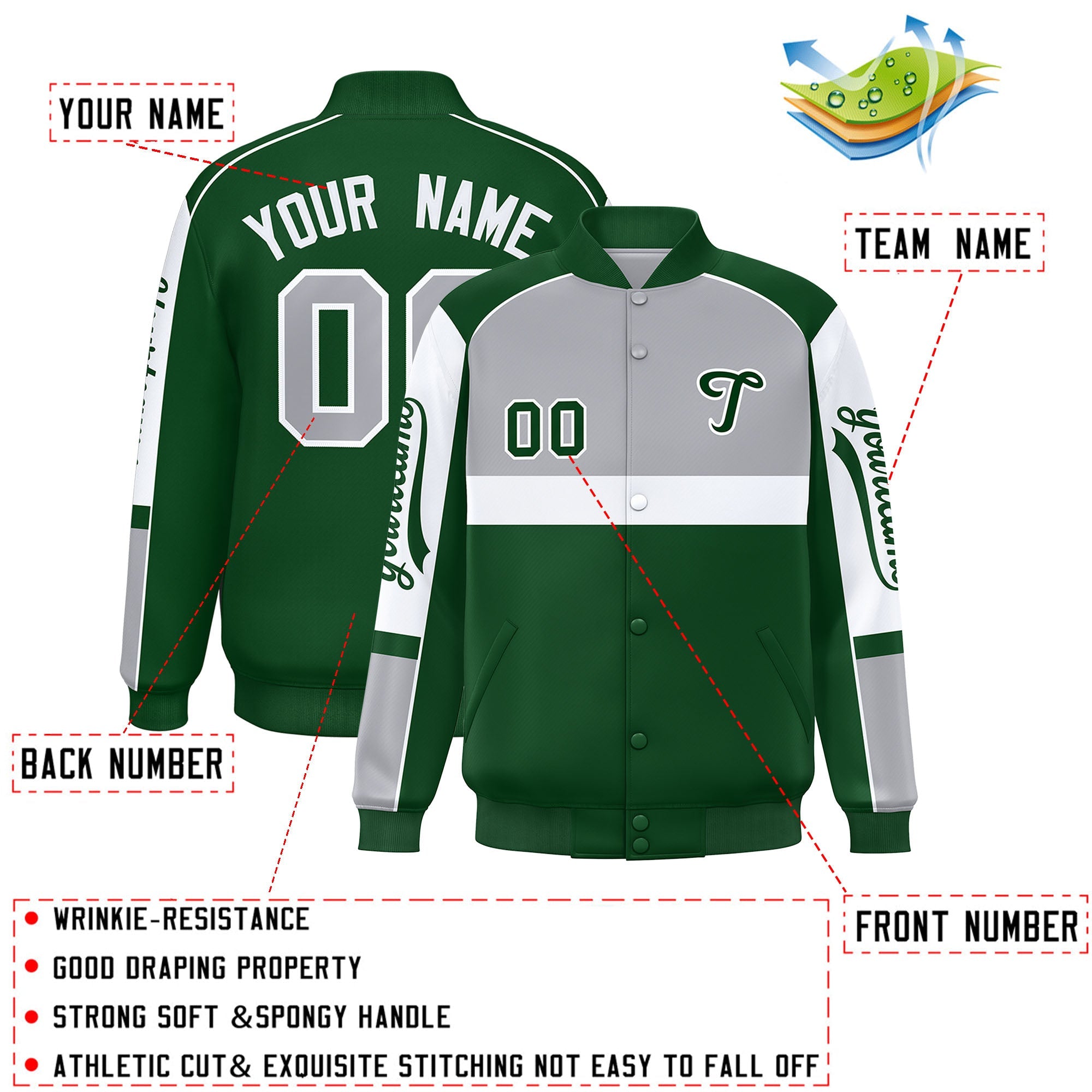 Custom Gray Green Varsity Full-Snap Raglan Sleeves Letterman Jacket