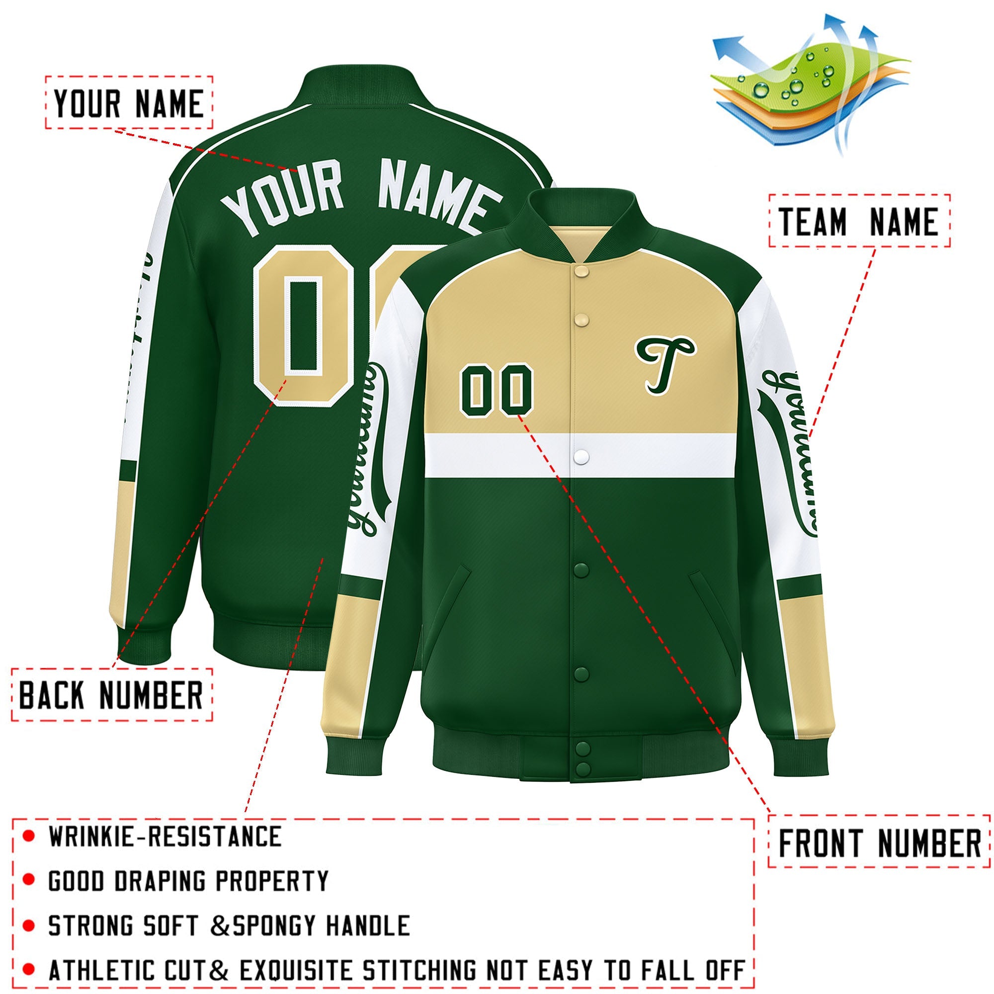 Custom Khaki Green Varsity Full-Snap Raglan Sleeves Letterman Jacket