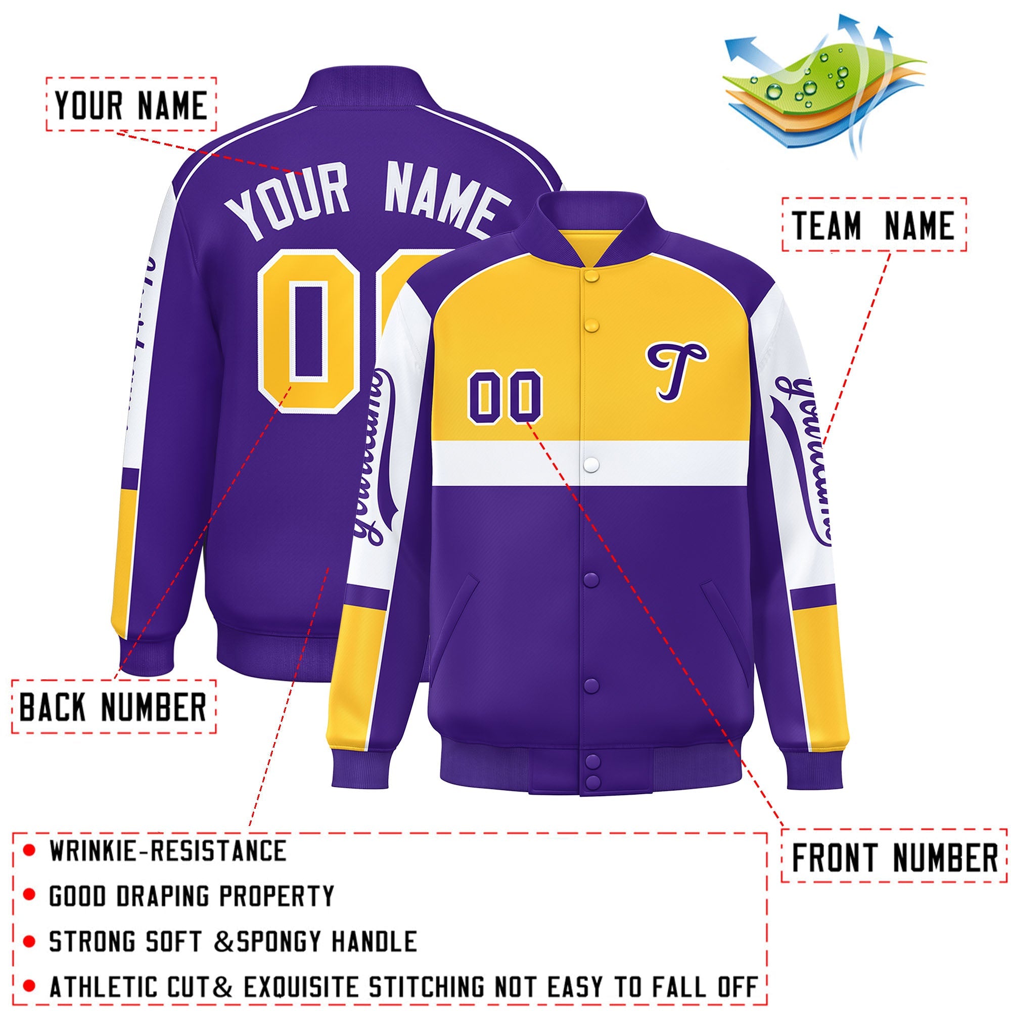 Custom Yellow Purple Varsity Full-Snap Raglan Sleeves Letterman Jacket