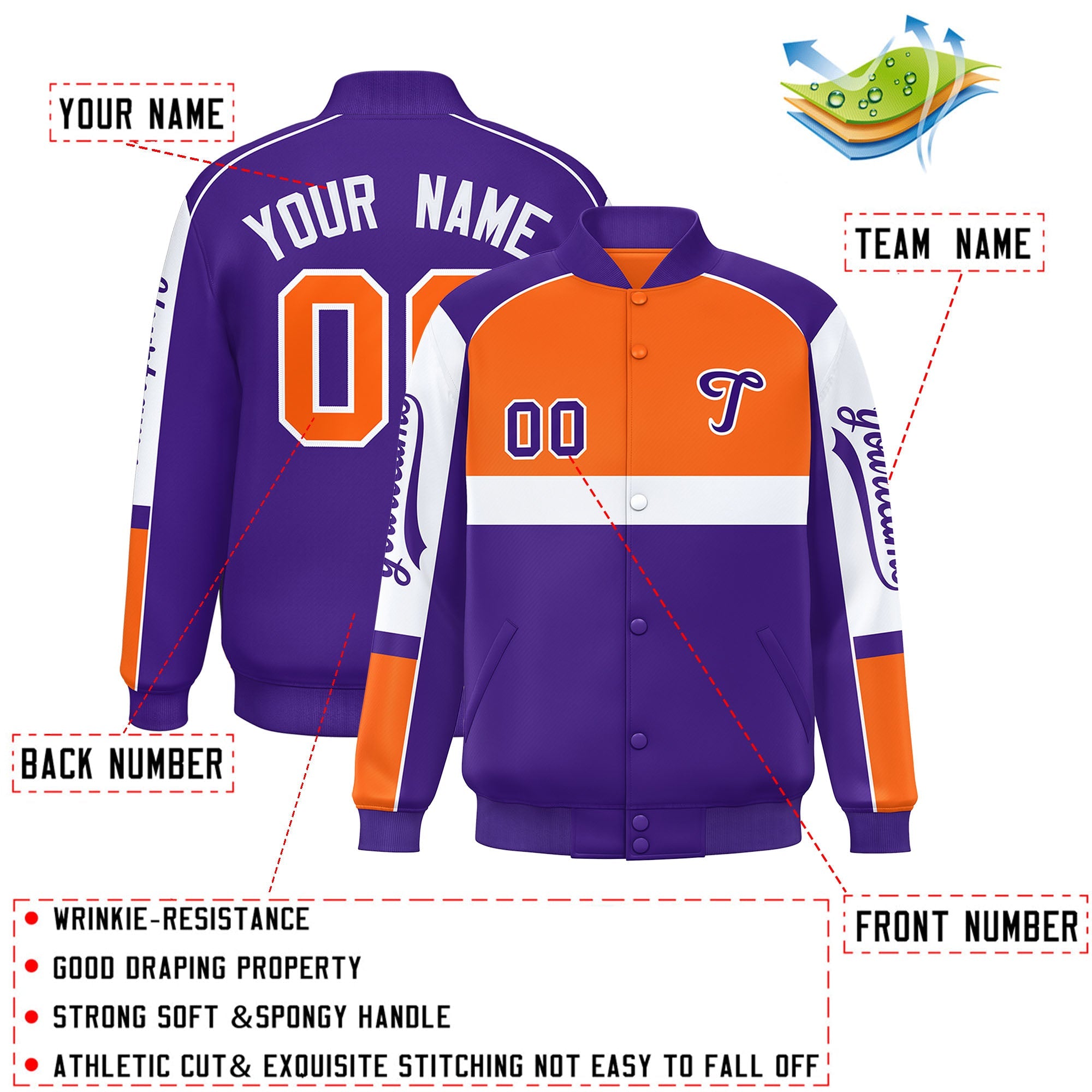 Custom Orange Purple Varsity Full-Snap Raglan Sleeves Letterman Jacket