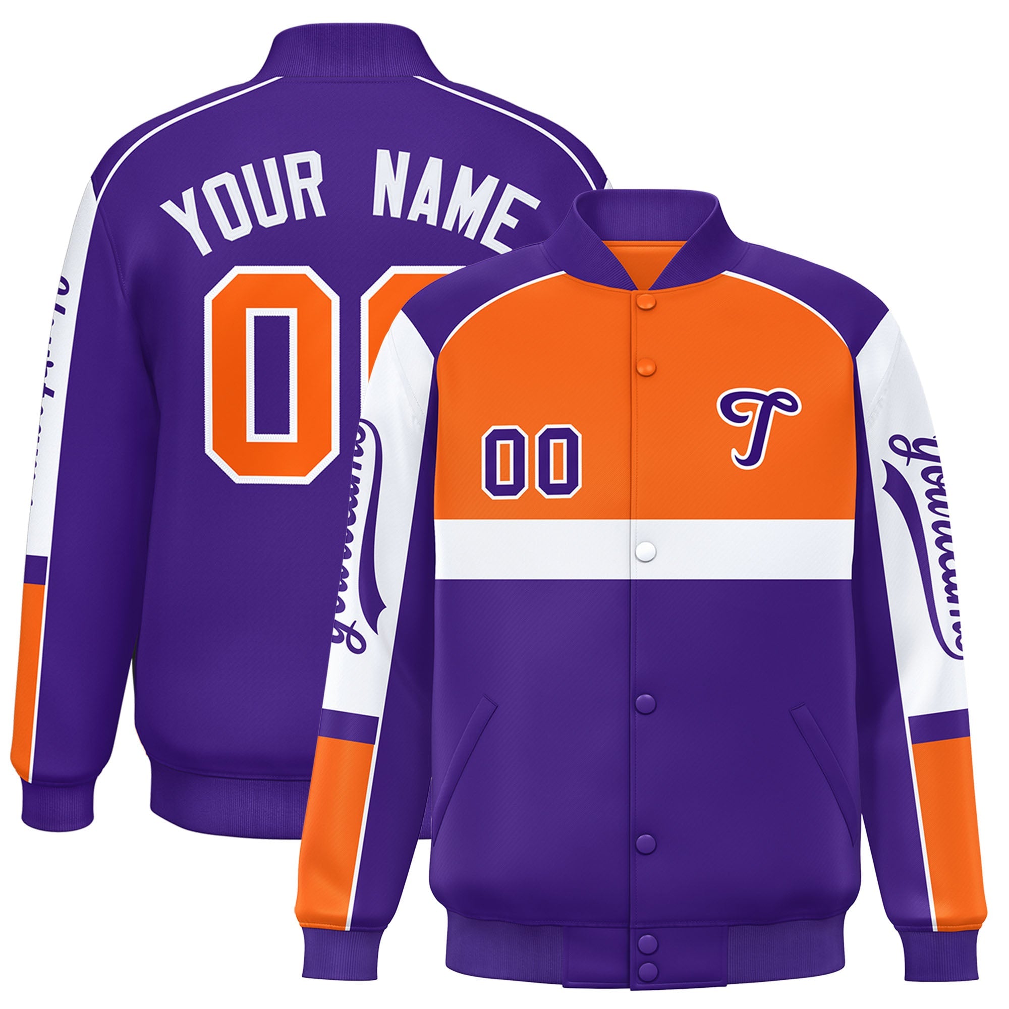 Custom Orange Purple Varsity Full-Snap Raglan Sleeves Letterman Jacket