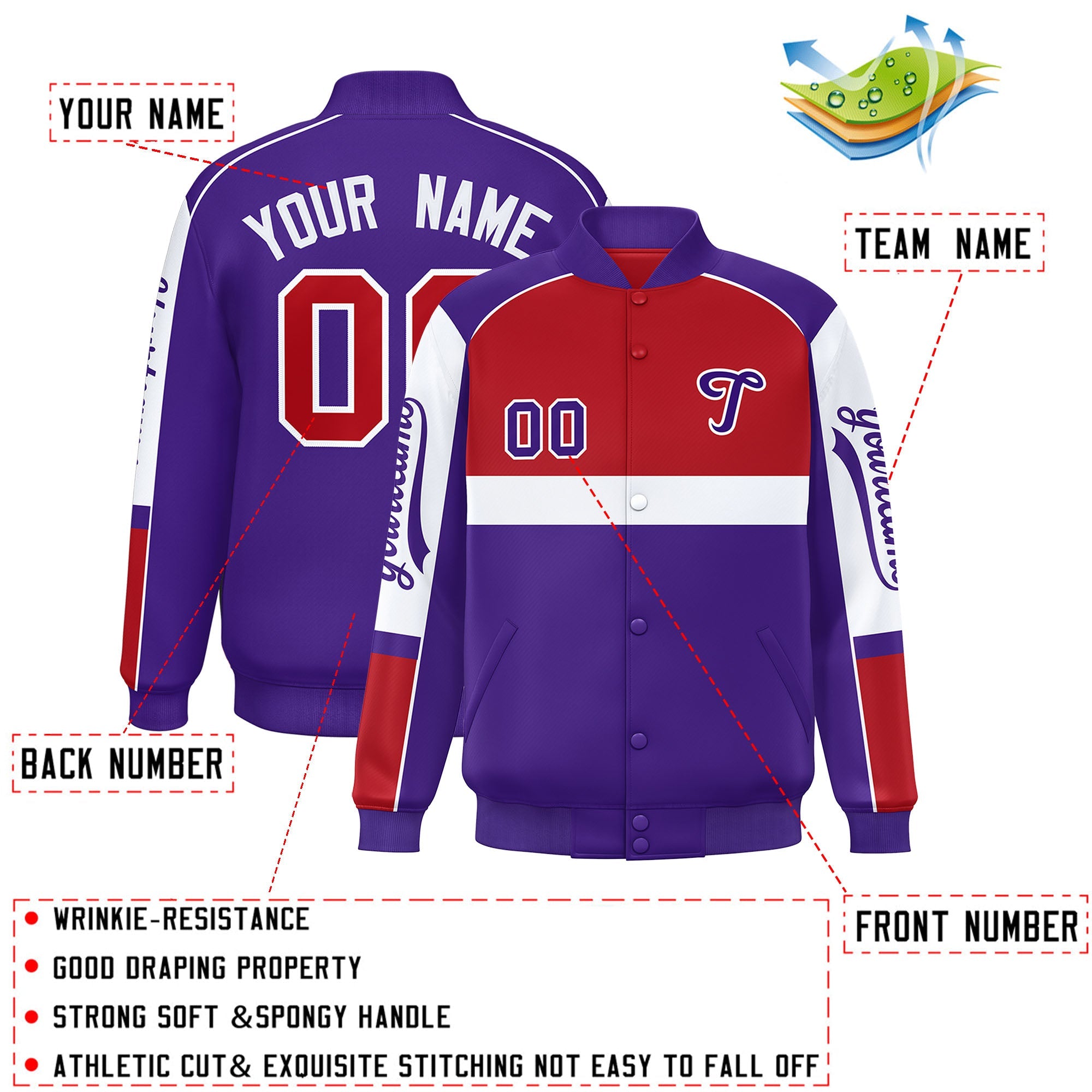 Custom Red Purple Varsity Full-Snap Raglan Sleeves Letterman Jacket