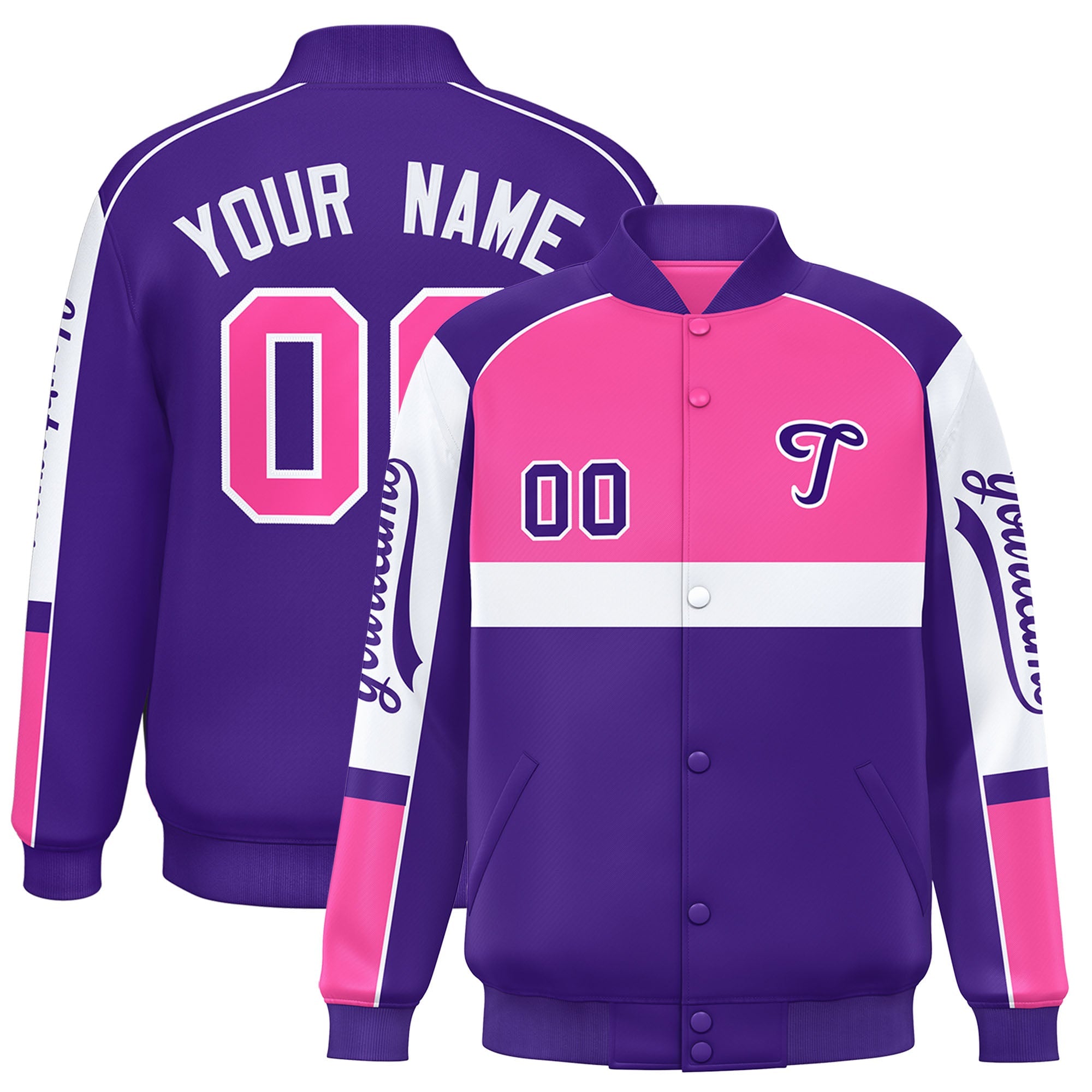 Custom Pink Purple Varsity Full-Snap Raglan Sleeves Letterman Jacket