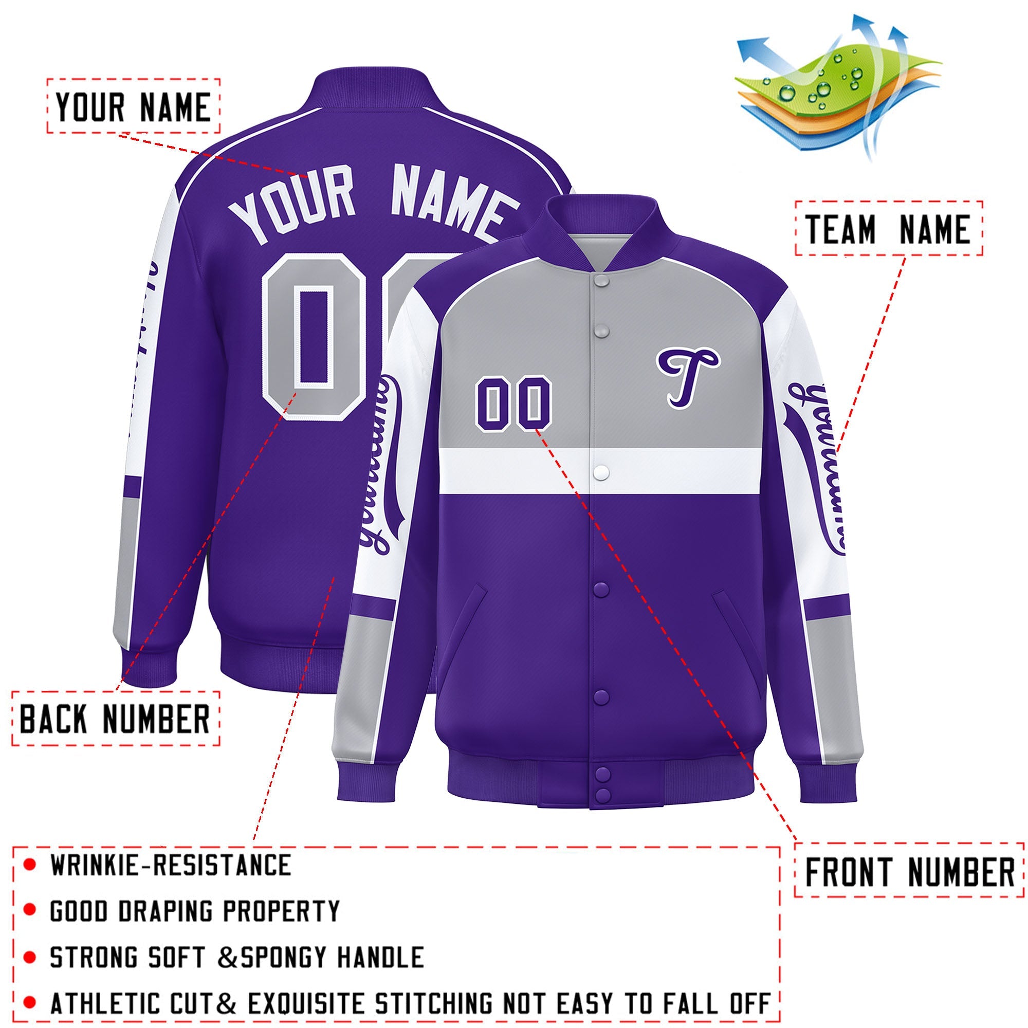 Custom Gray Purple Varsity Full-Snap Raglan Sleeves Letterman Jacket