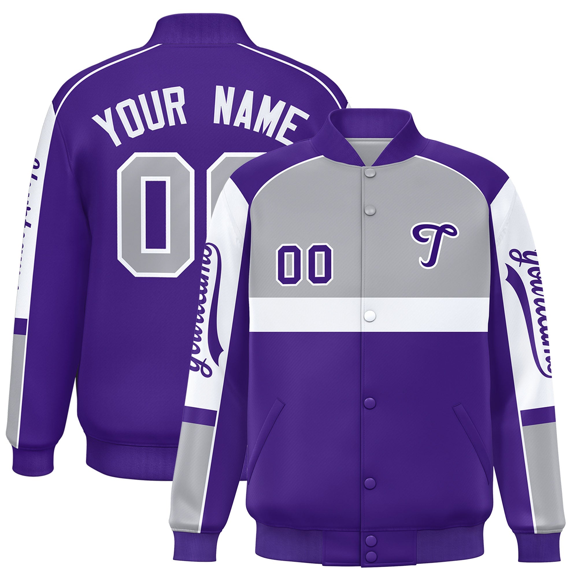 Custom Gray Purple Varsity Full-Snap Raglan Sleeves Letterman Jacket