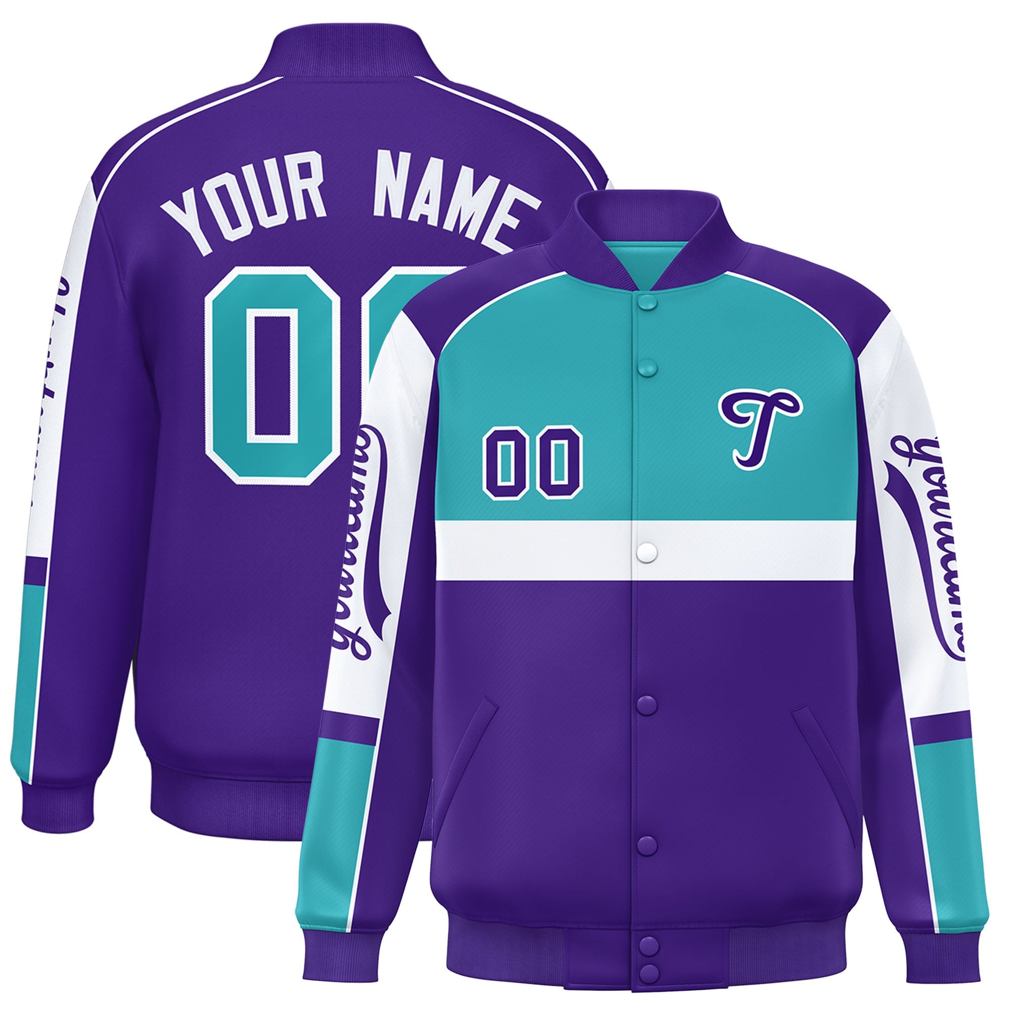 Custom Aqua Purple Varsity Full-Snap Raglan Sleeves Letterman Jacket