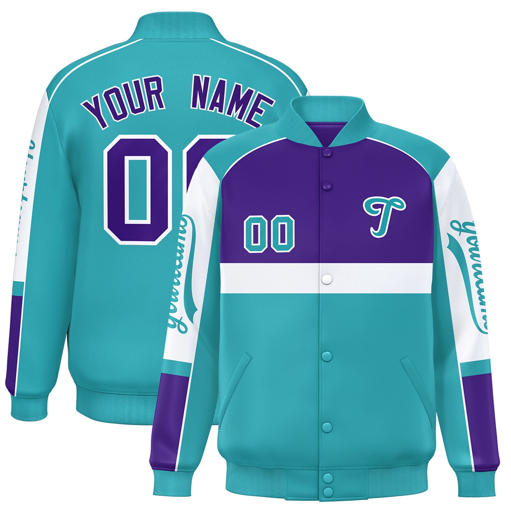 Custom Purple Aqua Varsity Full-Snap Raglan Sleeves Letterman Jacket