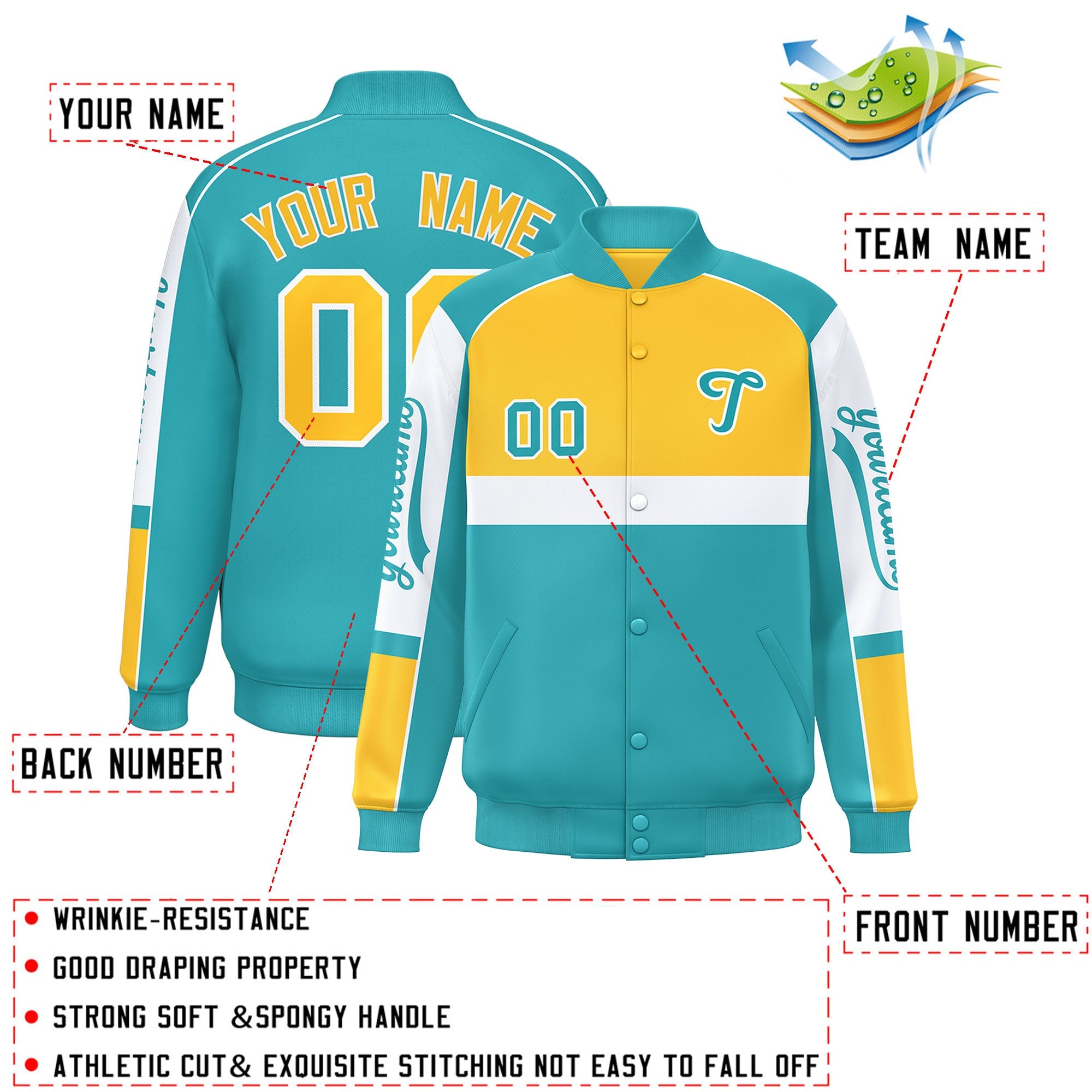 Custom Yellow Aqua Varsity Full-Snap Raglan Sleeves Letterman Jacket