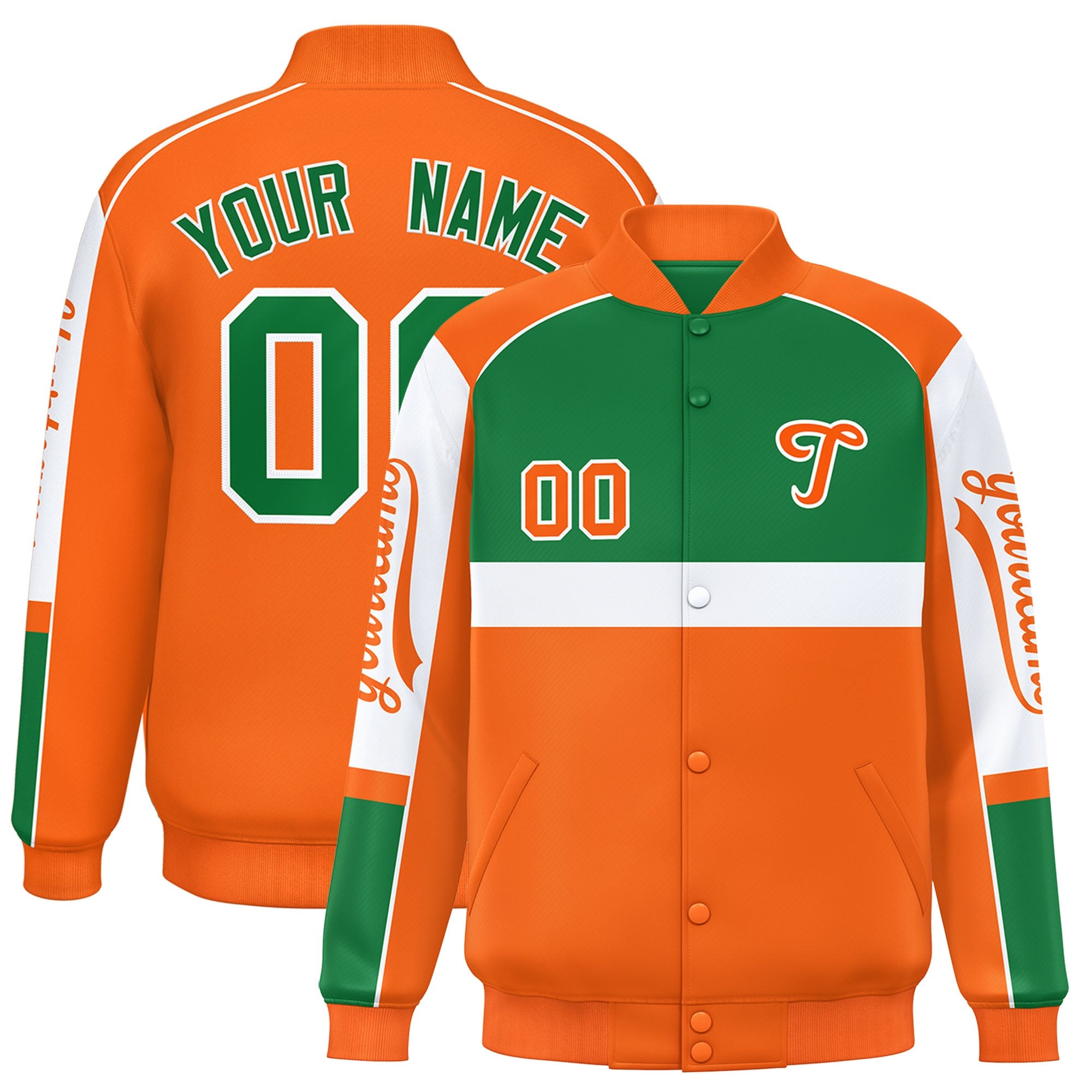 Custom Kelly Green Orange Varsity Full-Snap Raglan Sleeves Letterman Jacket