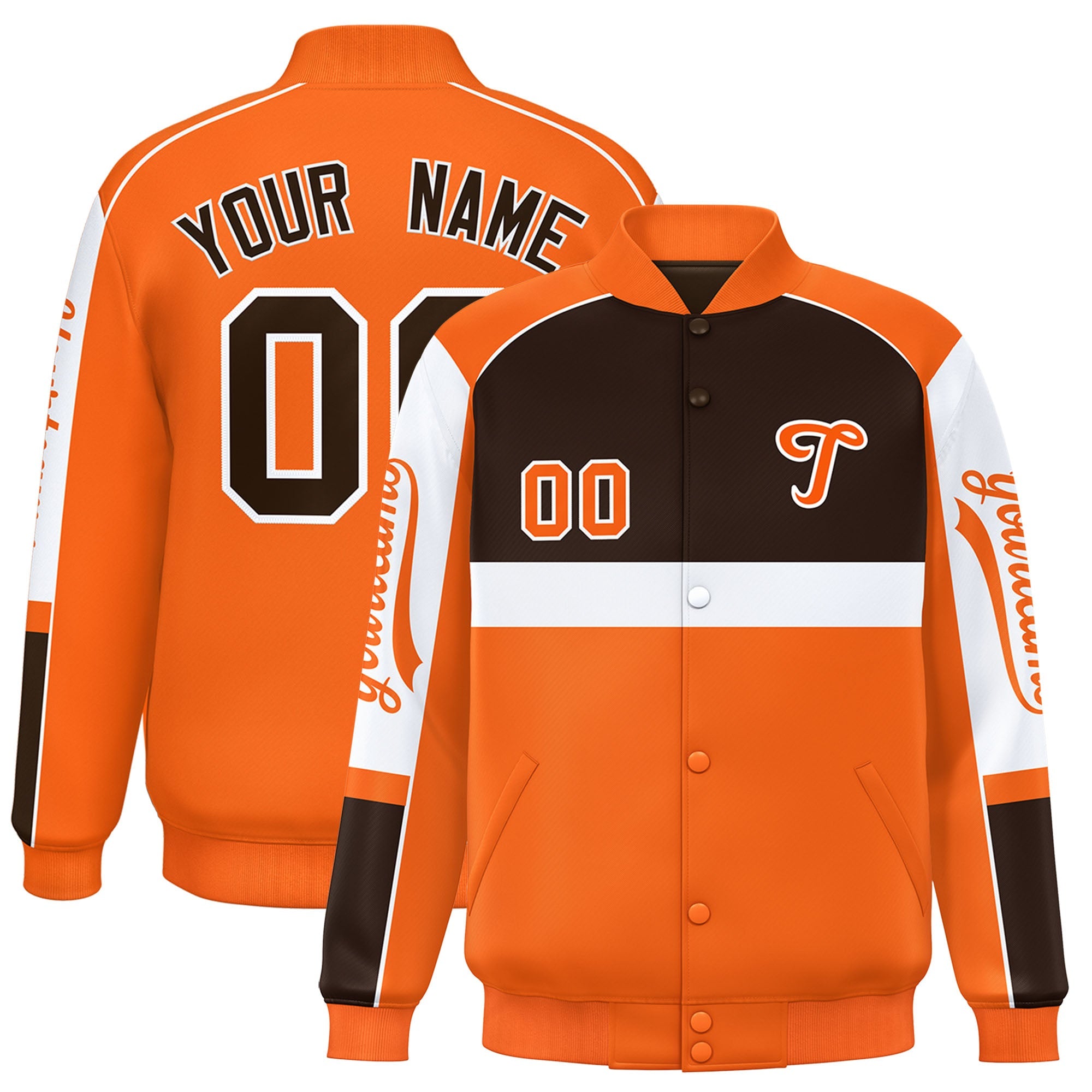 Custom Brown Orange Varsity Full-Snap Raglan Sleeves Letterman Jacket