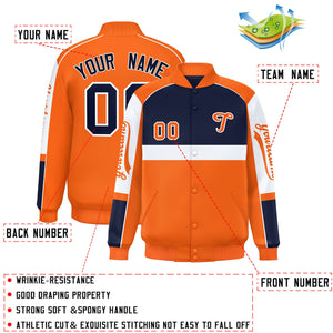 Custom Navy Orange Varsity Full-Snap Raglan Sleeves Letterman Jacket