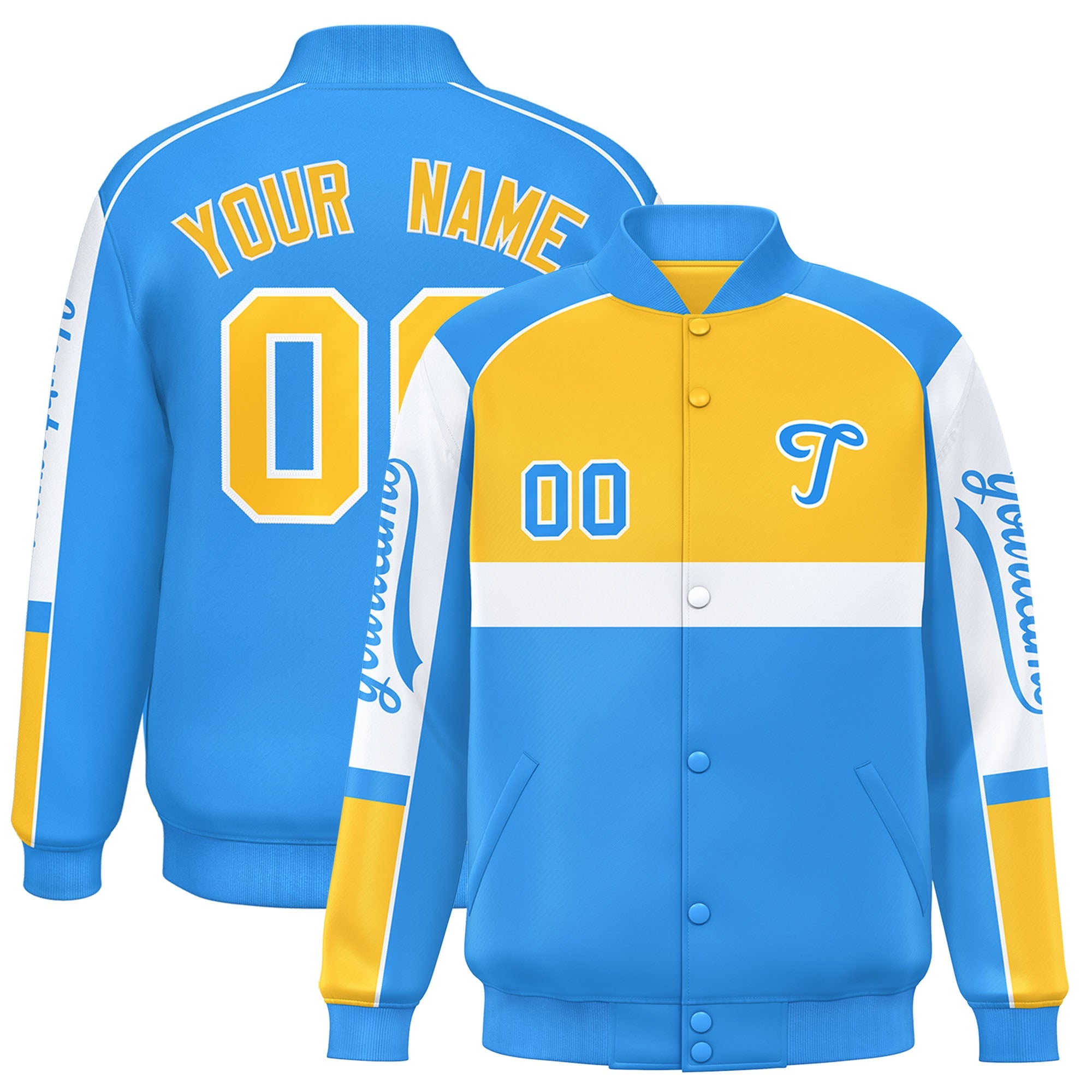 Custom Yellow Powder Blue Varsity Full-Snap Raglan Sleeves Letterman Jacket