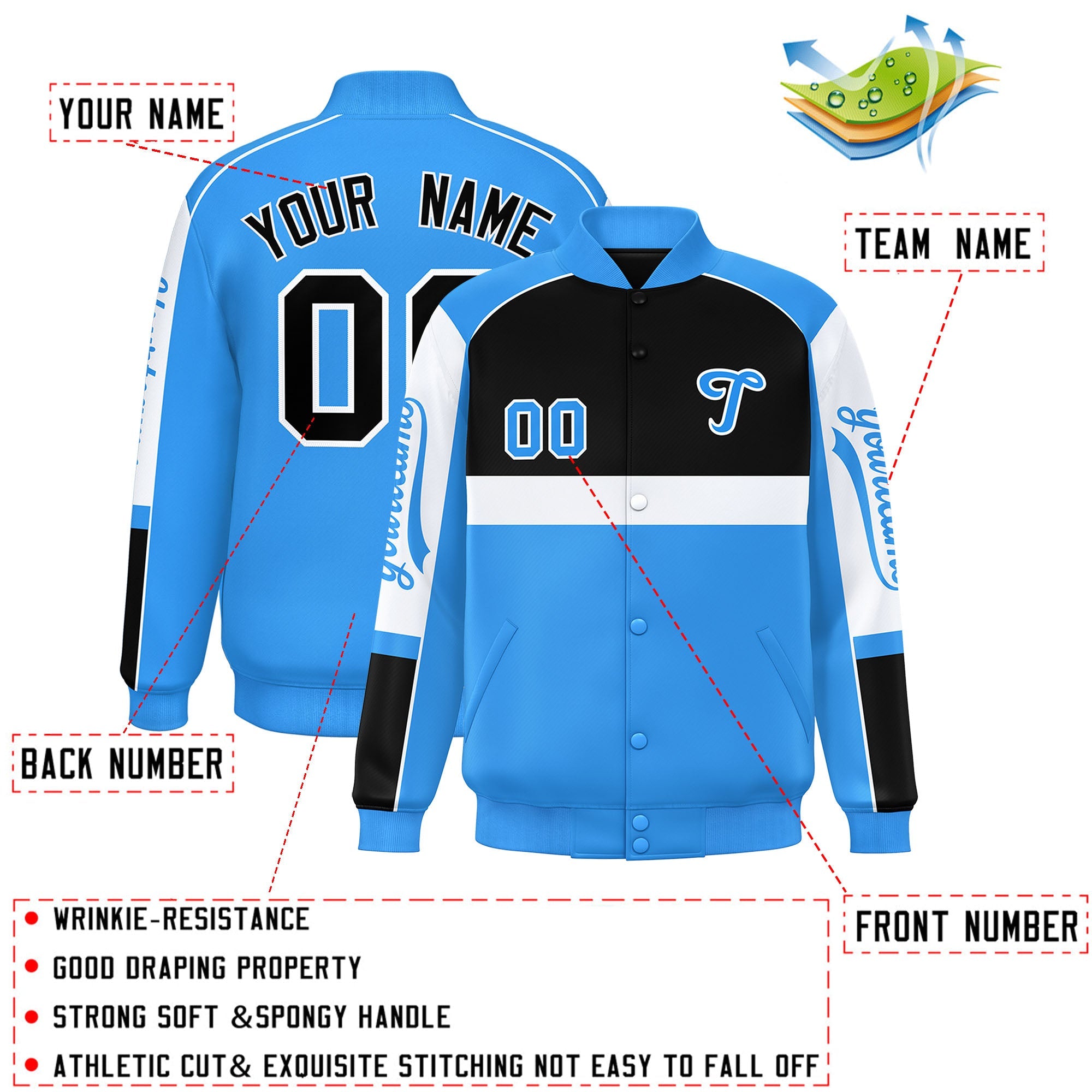 Custom Black Powder Blue Varsity Full-Snap Raglan Sleeves Letterman Jacket