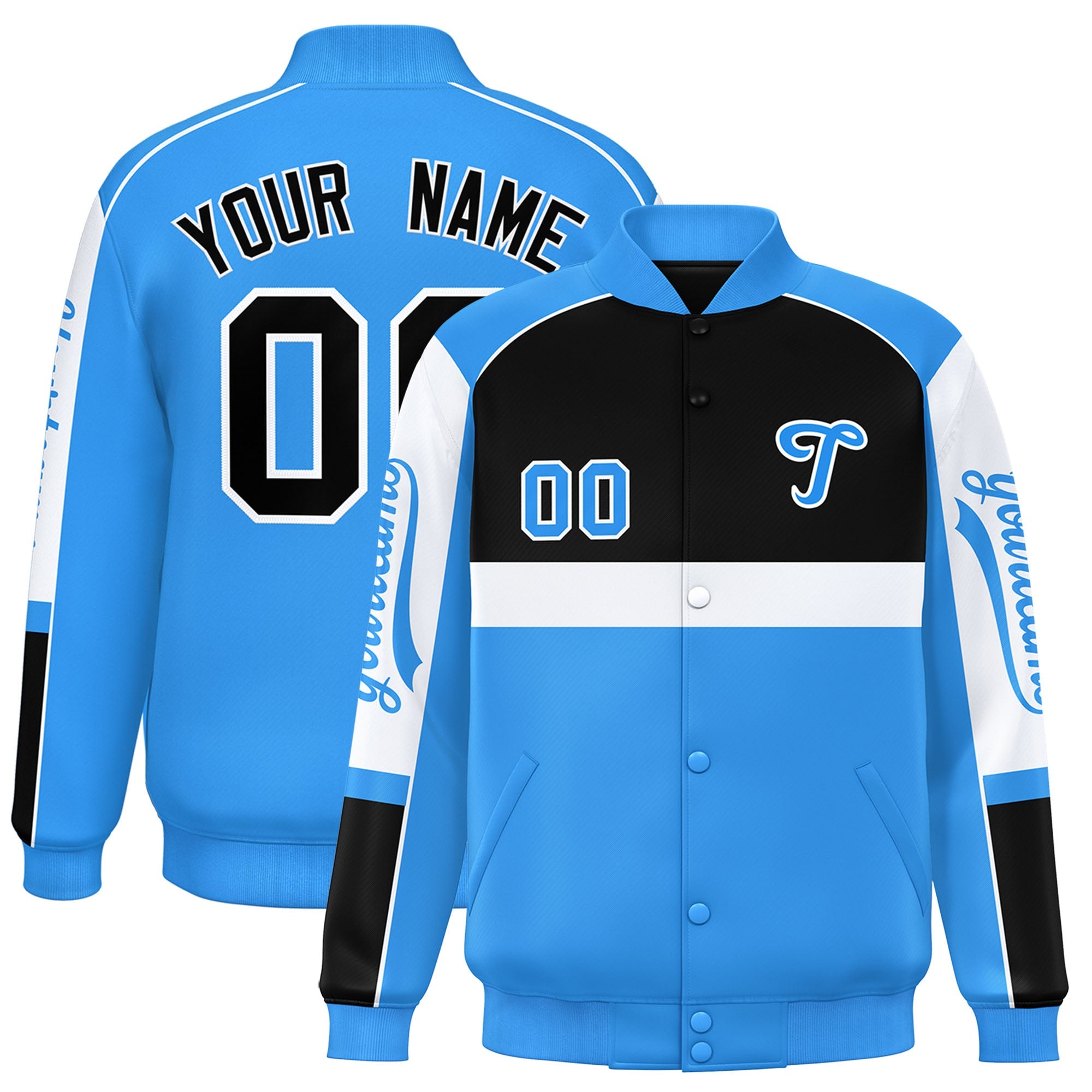 Custom Black Powder Blue Varsity Full-Snap Raglan Sleeves Letterman Jacket