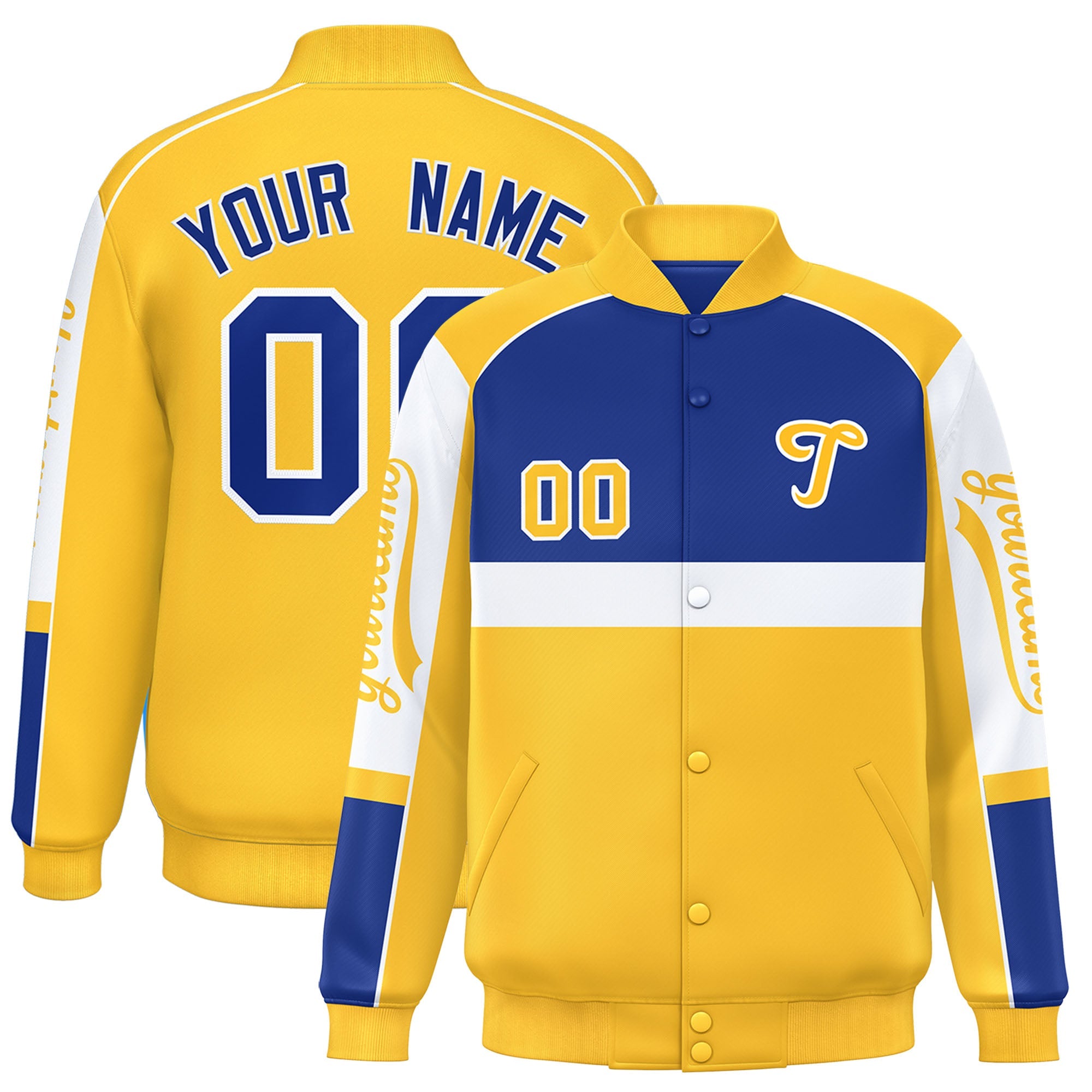 Custom Royal Yellow Varsity Full-Snap Raglan Sleeves Letterman Jacket