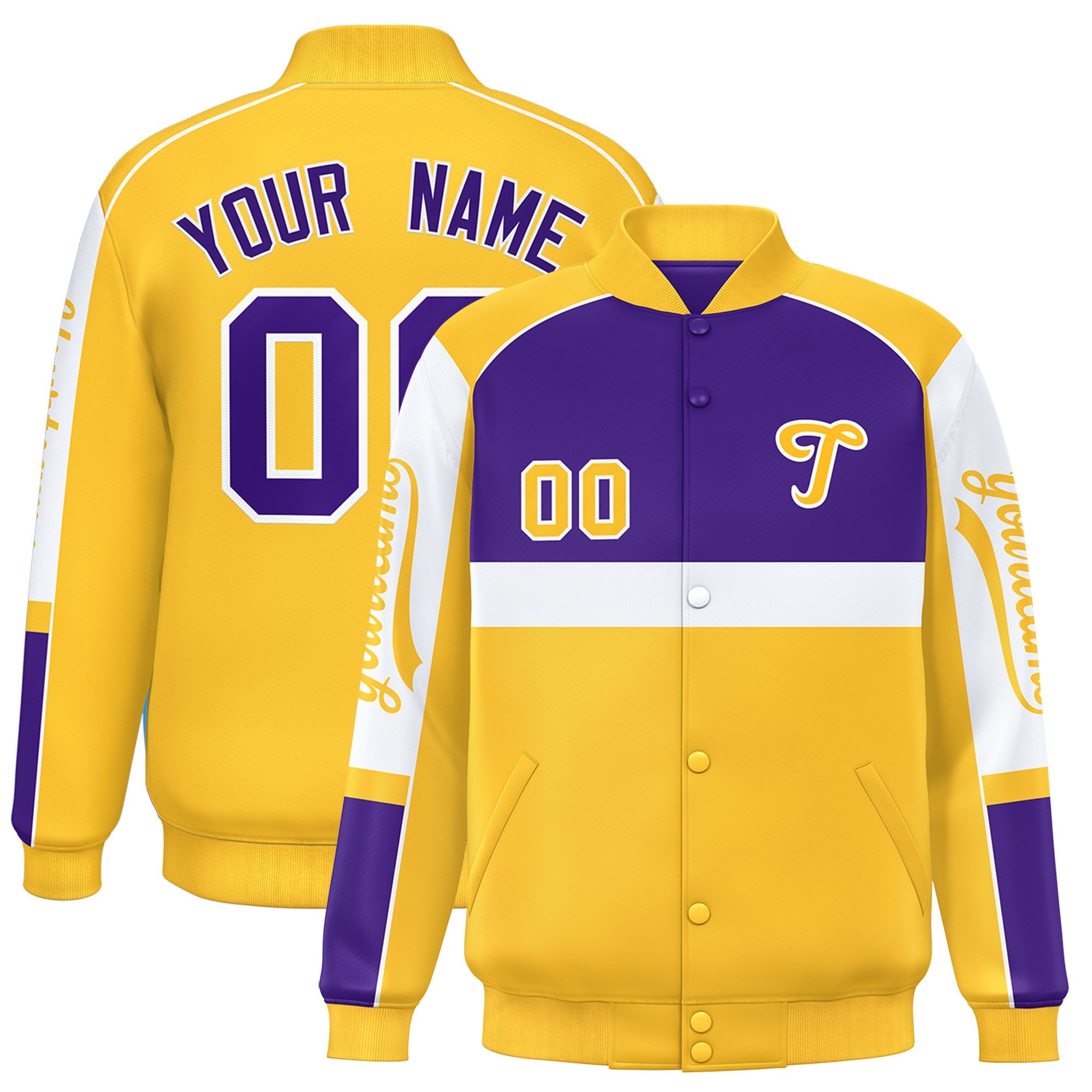 Custom Purple Yellow Varsity Full-Snap Raglan Sleeves Letterman Jacket