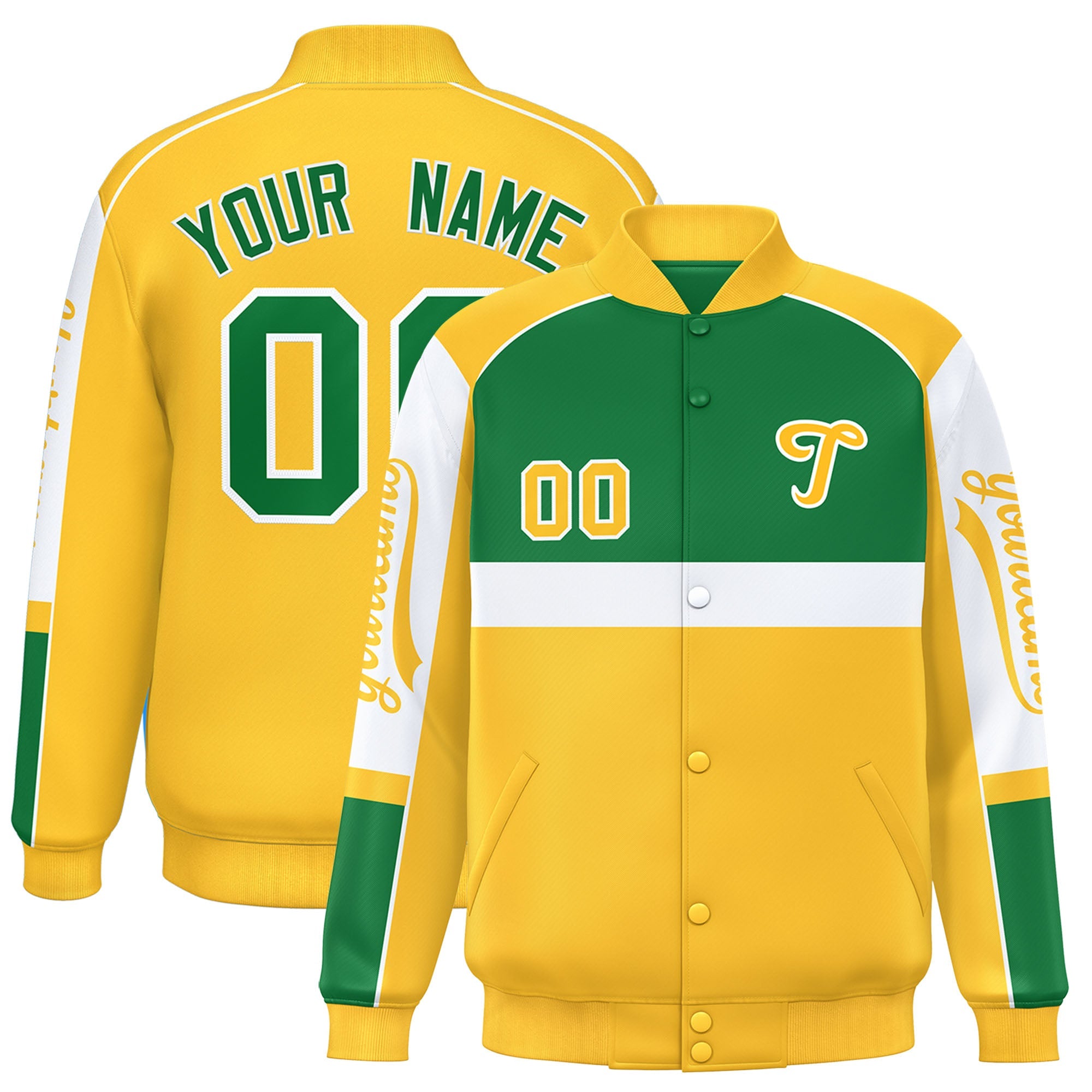 Custom Kelly Green Yellow Varsity Full-Snap Raglan Sleeves Letterman Jacket