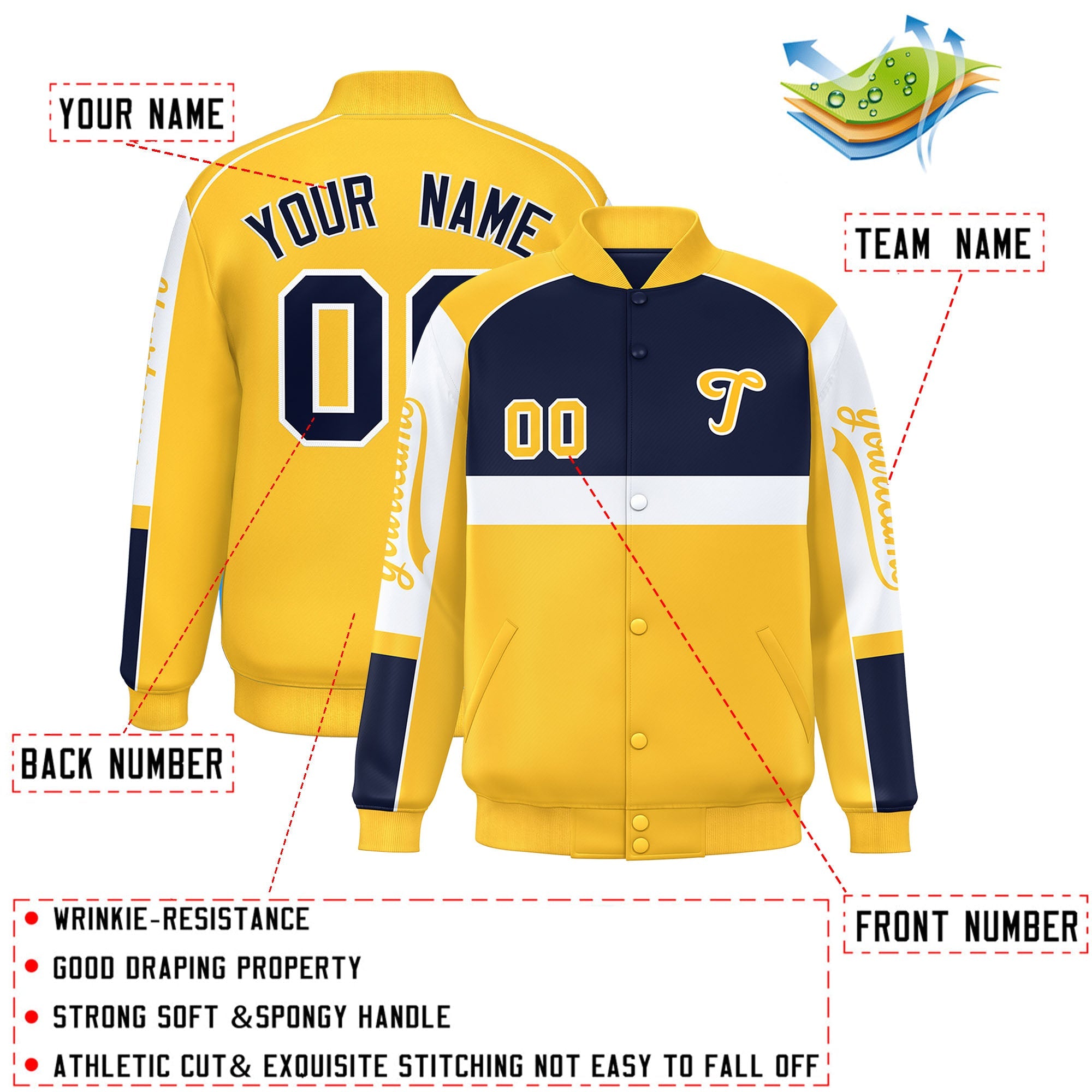 Custom Navy Yellow Varsity Full-Snap Raglan Sleeves Letterman Jacket