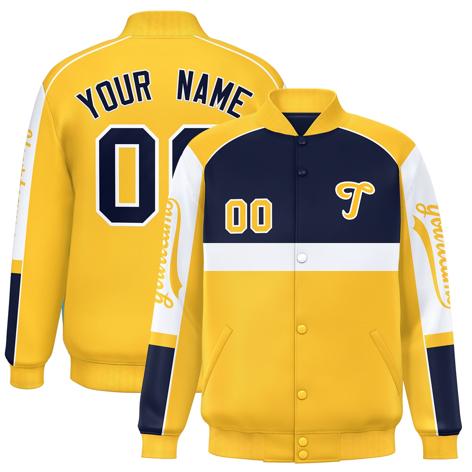 Custom Navy Yellow Varsity Full-Snap Raglan Sleeves Letterman Jacket