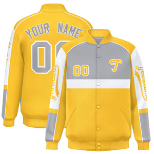 Custom Gray Yellow Varsity Full-Snap Raglan Sleeves Letterman Jacket