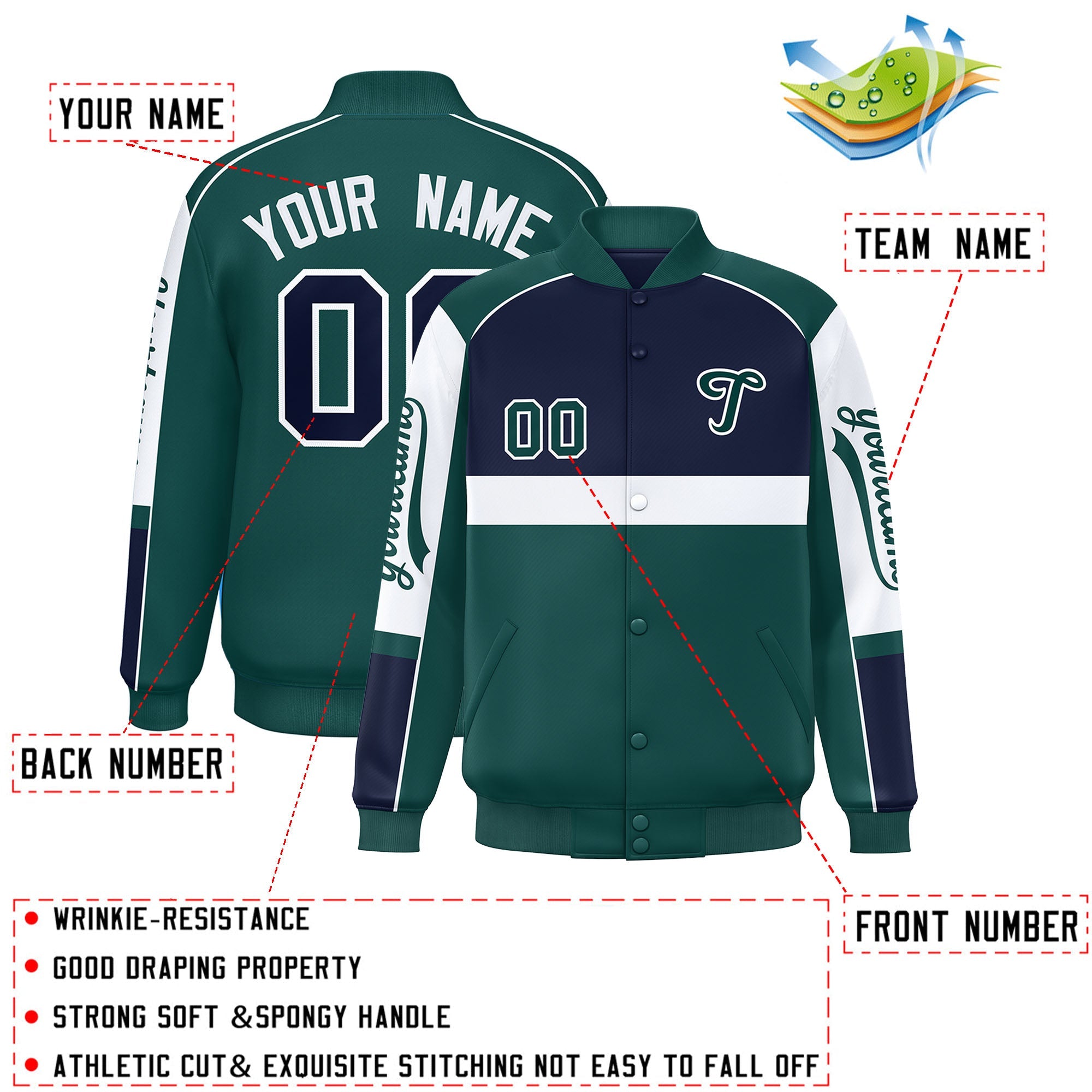 Custom Navy Midnight Green Varsity Full-Snap Raglan Sleeves Letterman Jacket