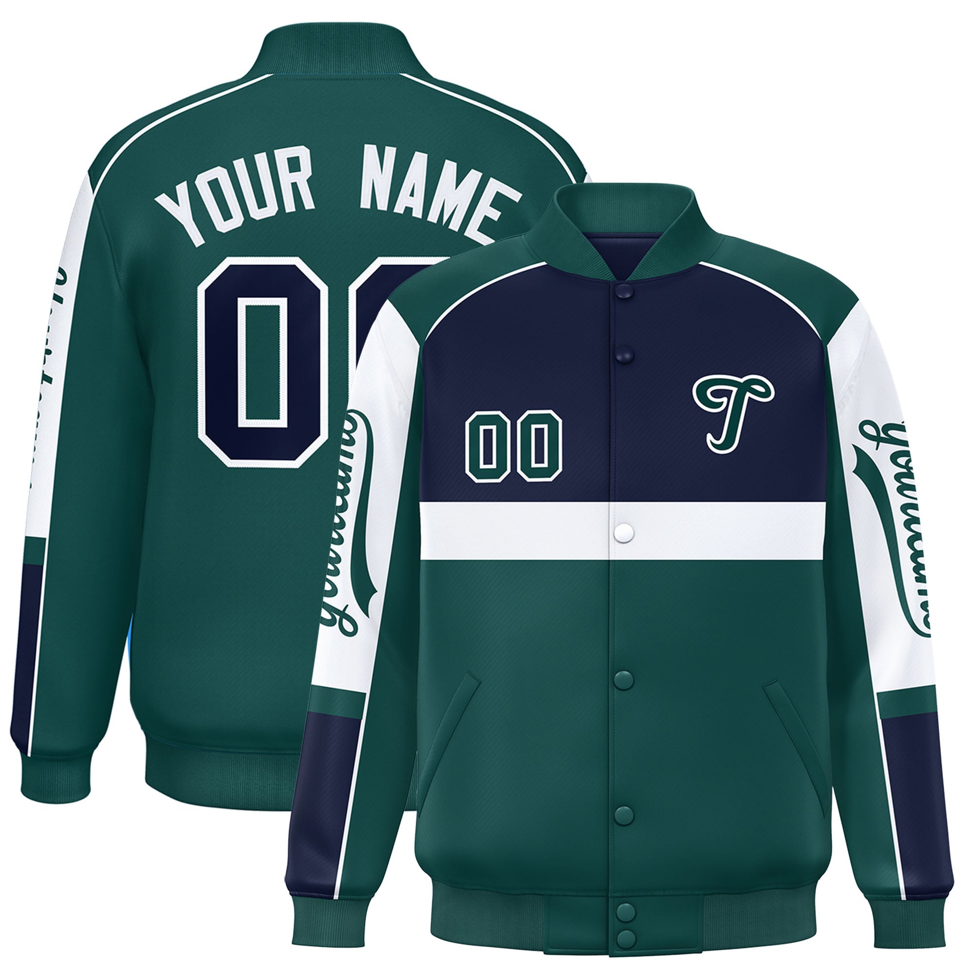 Custom Navy Midnight Green Varsity Full-Snap Raglan Sleeves Letterman Jacket