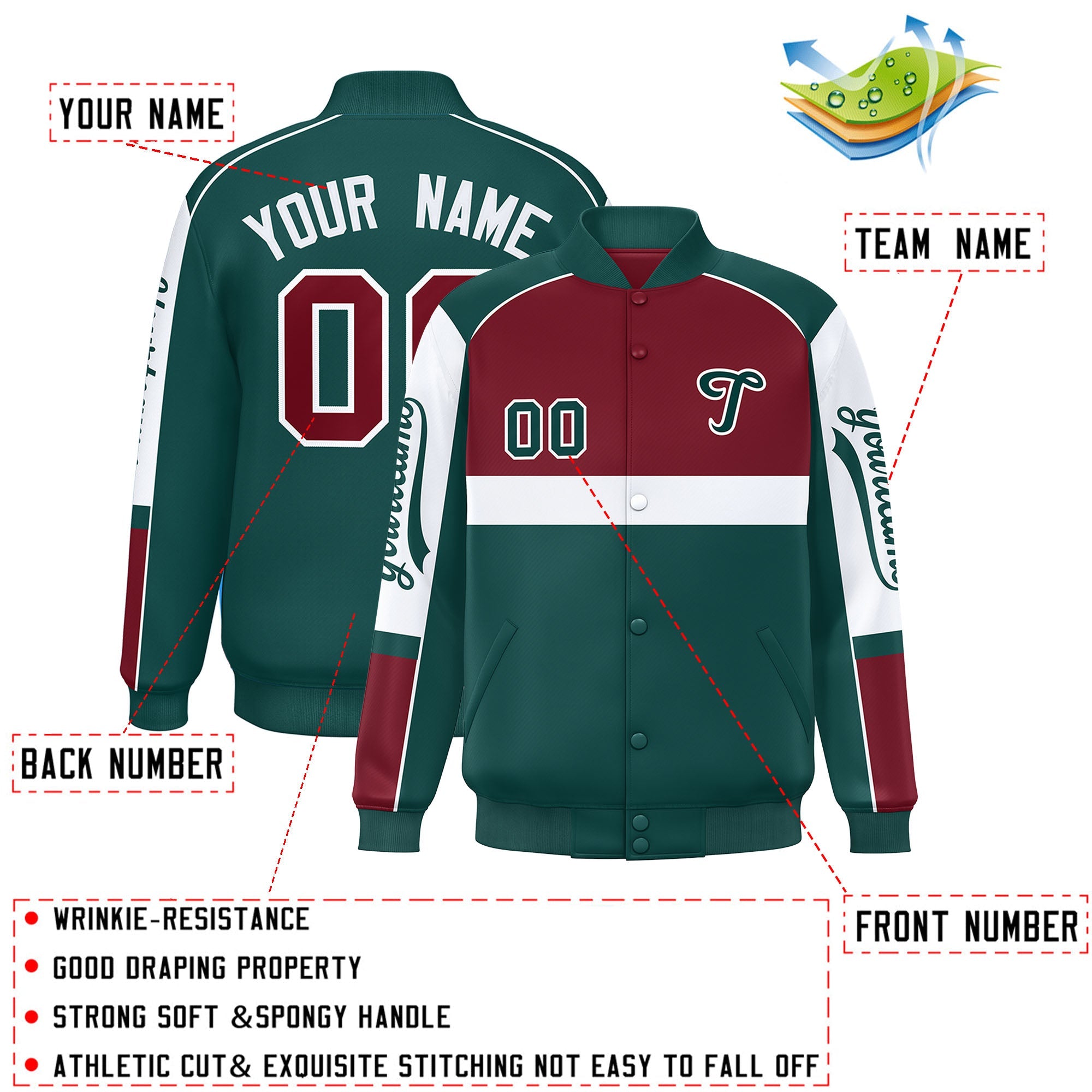 Custom Crimson Midnight Green Varsity Full-Snap Raglan Sleeves Letterman Jacket