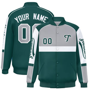 Custom Gray Midnight Green Varsity Full-Snap Raglan Sleeves Letterman Jacket