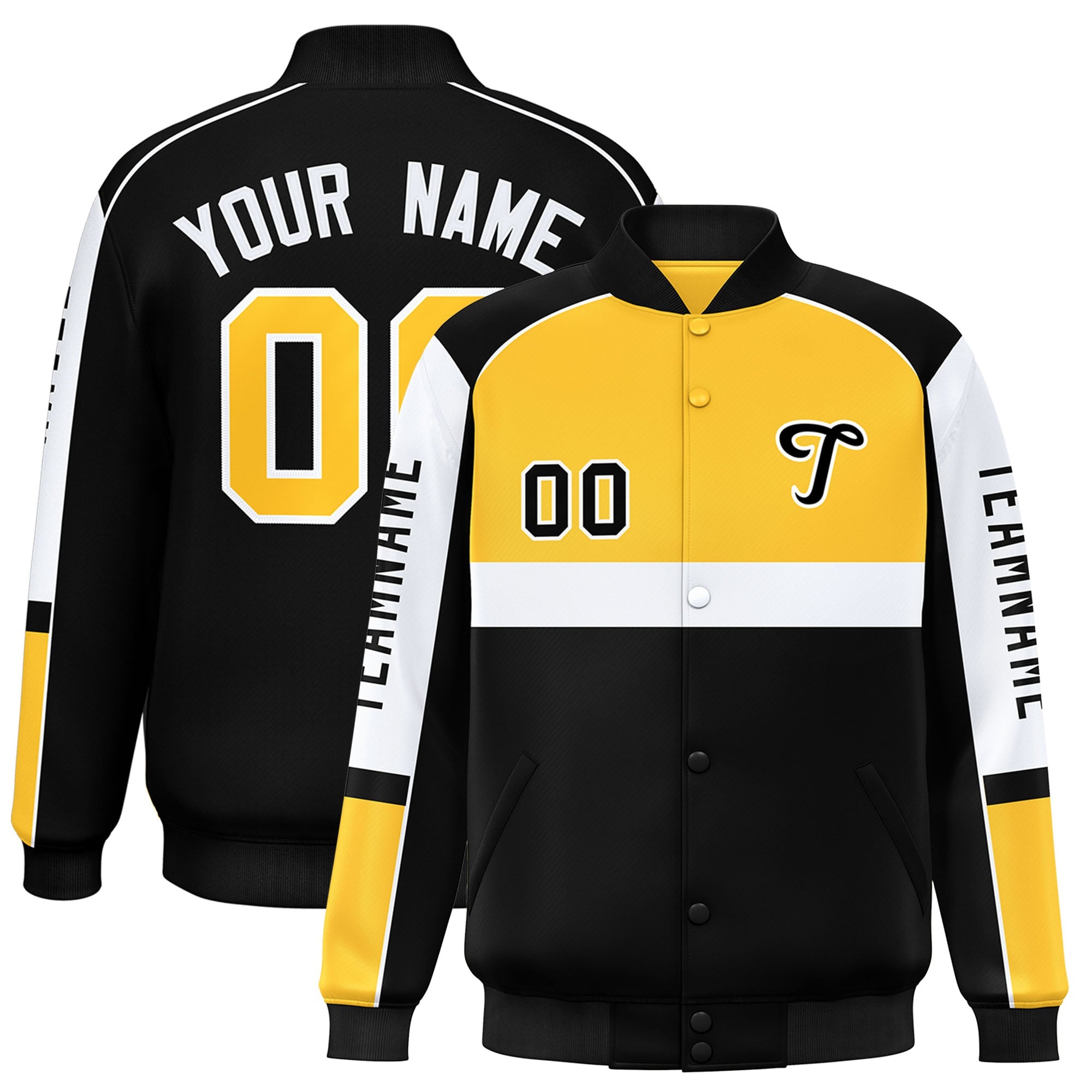 Custom Yellow Black Varsity Full-Snap Raglan Sleeves Letterman Jacket