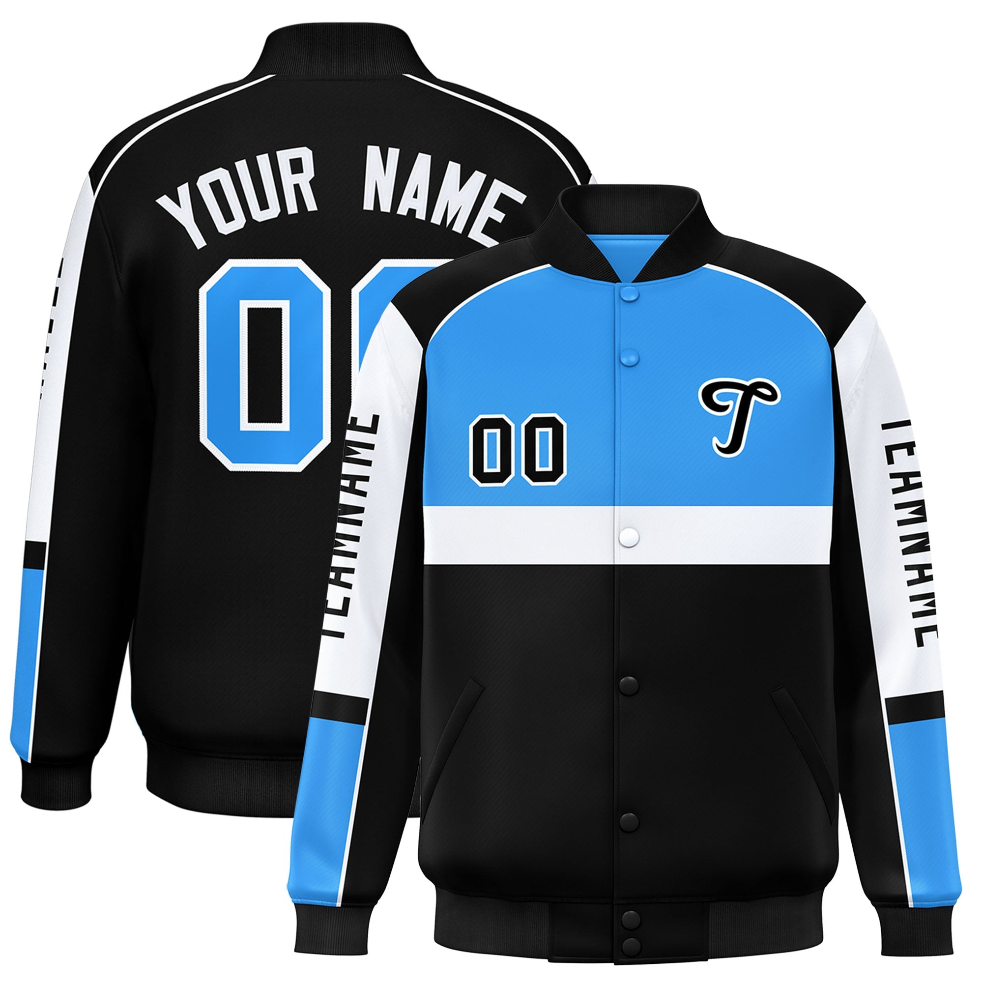 Custom Powder Blue Black Varsity Full-Snap Raglan Sleeves Letterman Jacket