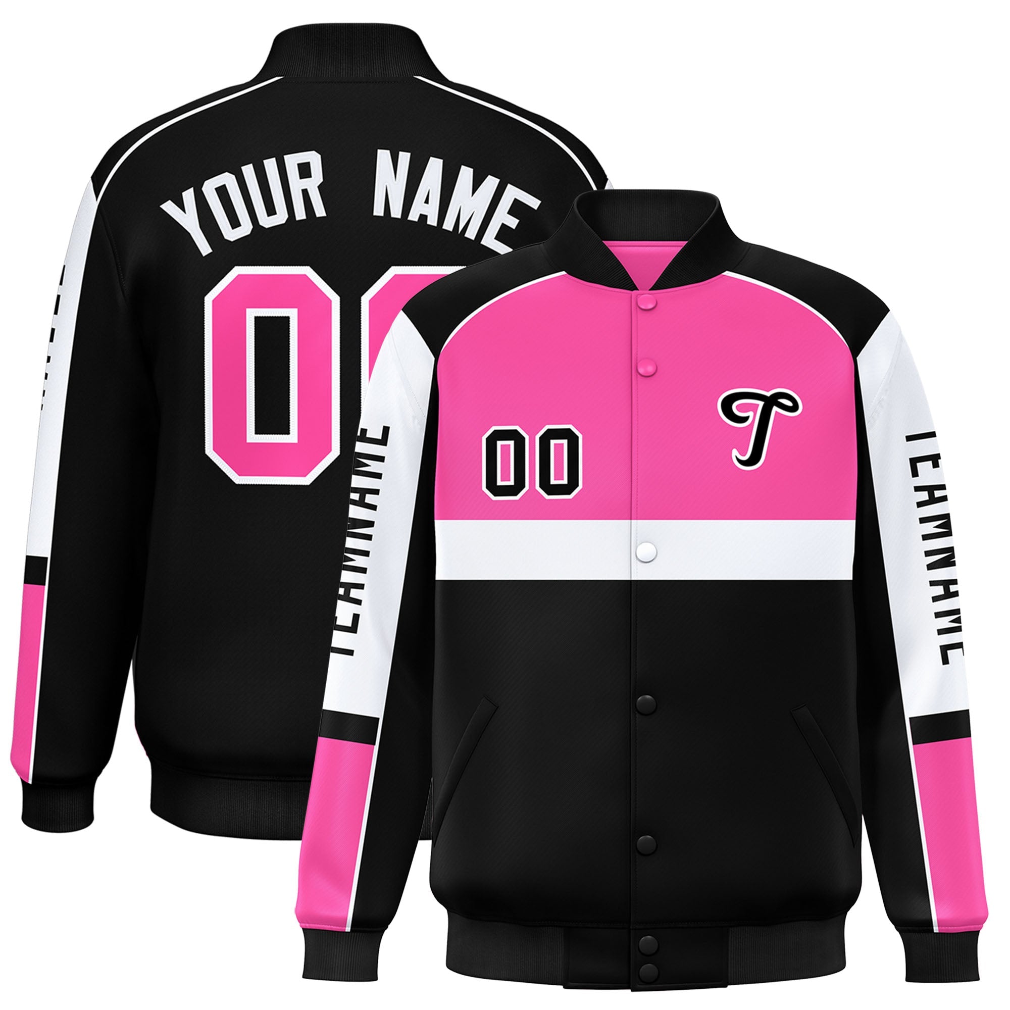 Custom Pink Black Varsity Full-Snap Raglan Sleeves Letterman Jacket