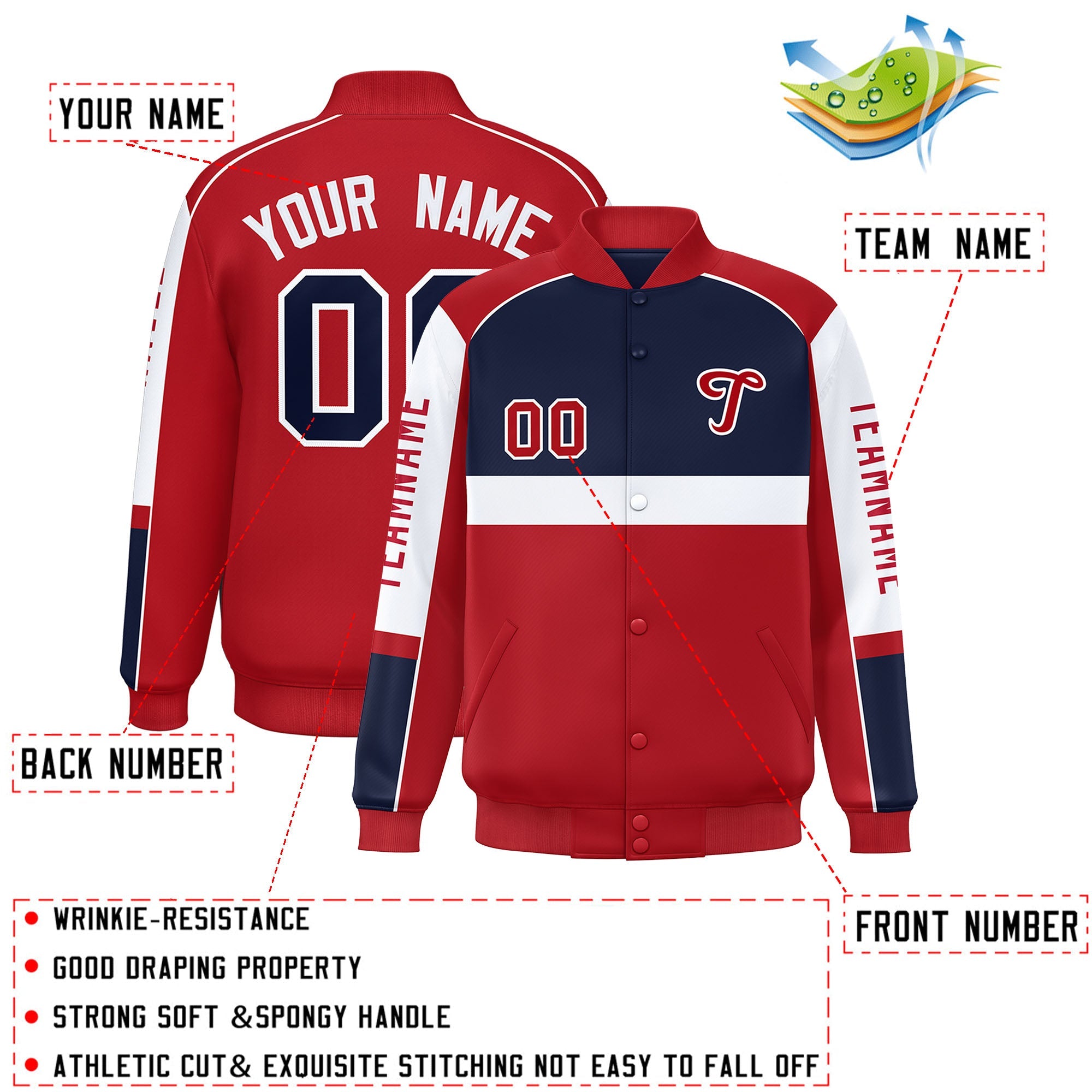 Custom Navy Red Varsity Full-Snap Raglan Sleeves Letterman Jacket