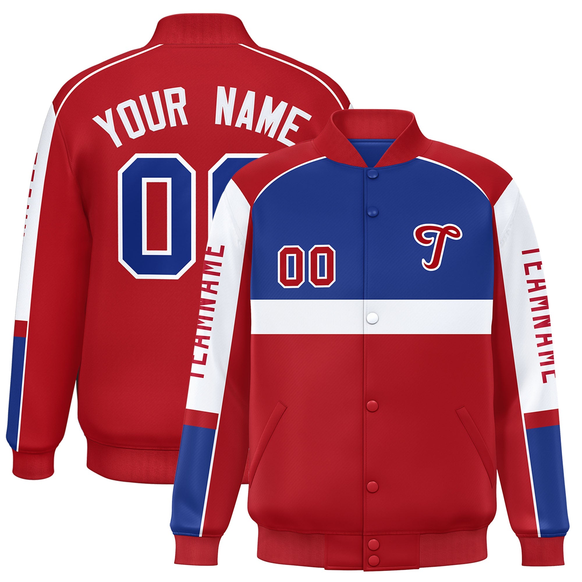 Custom Royal Red Varsity Full-Snap Raglan Sleeves Letterman Jacket