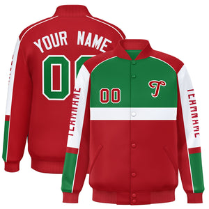 Custom Kelly Green Red Varsity Full-Snap Raglan Sleeves Letterman Jacket