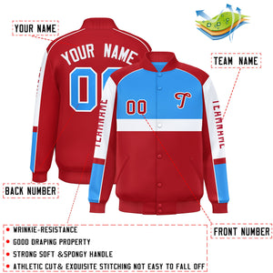 Custom Powder Blue Red Varsity Full-Snap Raglan Sleeves Letterman Jacket