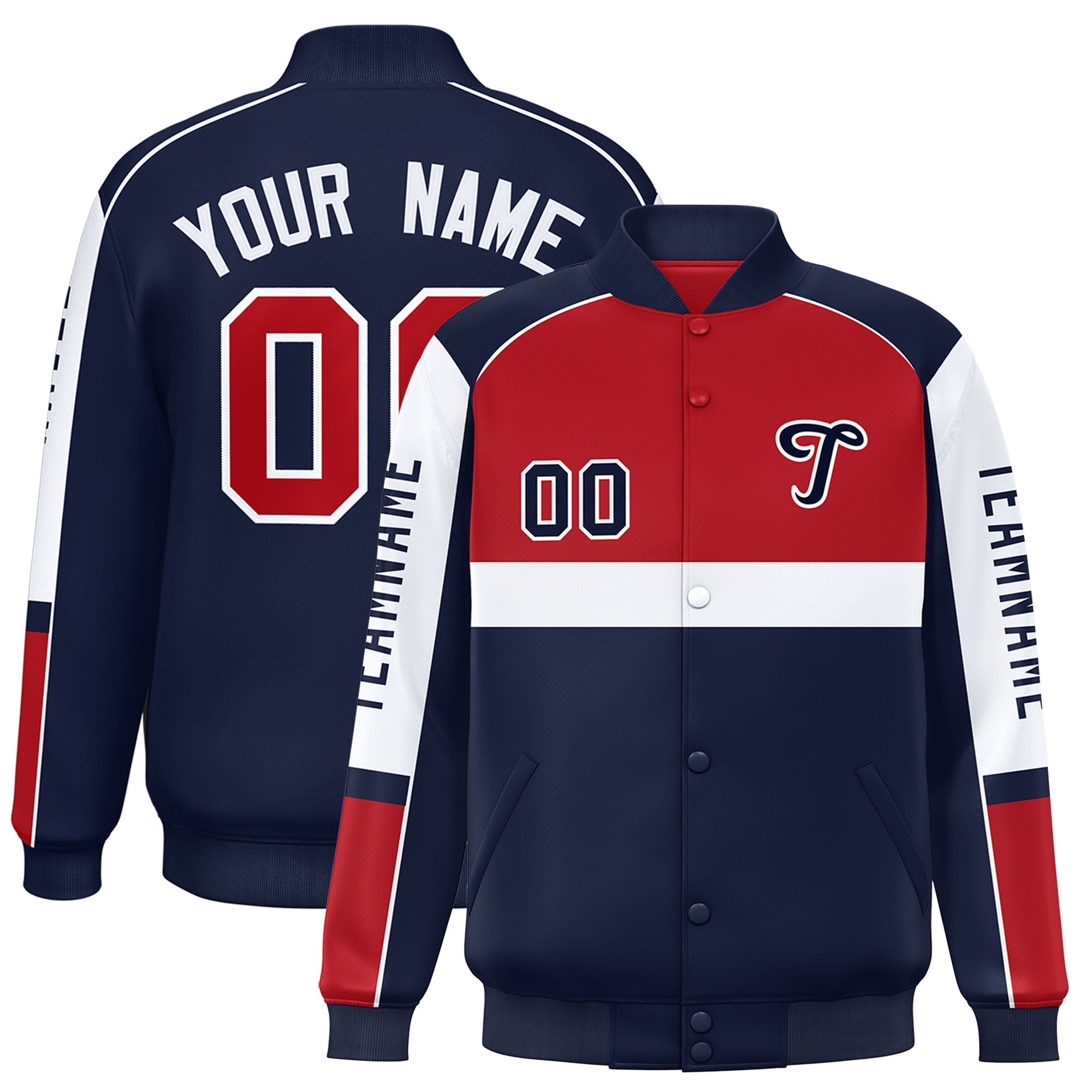 Custom Red Navy Varsity Full-Snap Raglan Sleeves Letterman Jacket