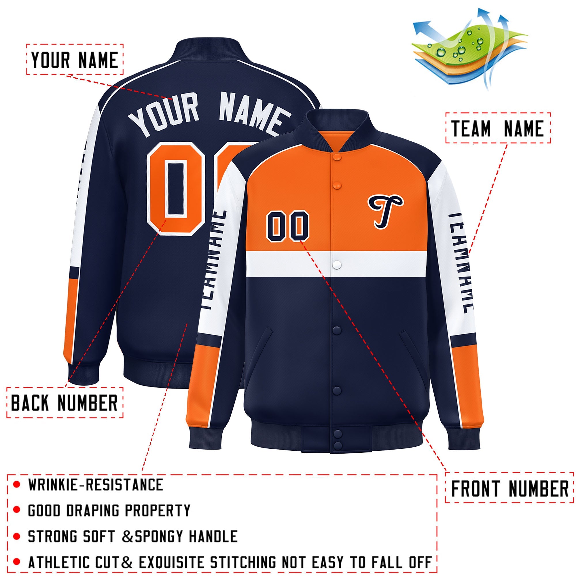 Custom Orange Navy Varsity Full-Snap Raglan Sleeves Letterman Jacket