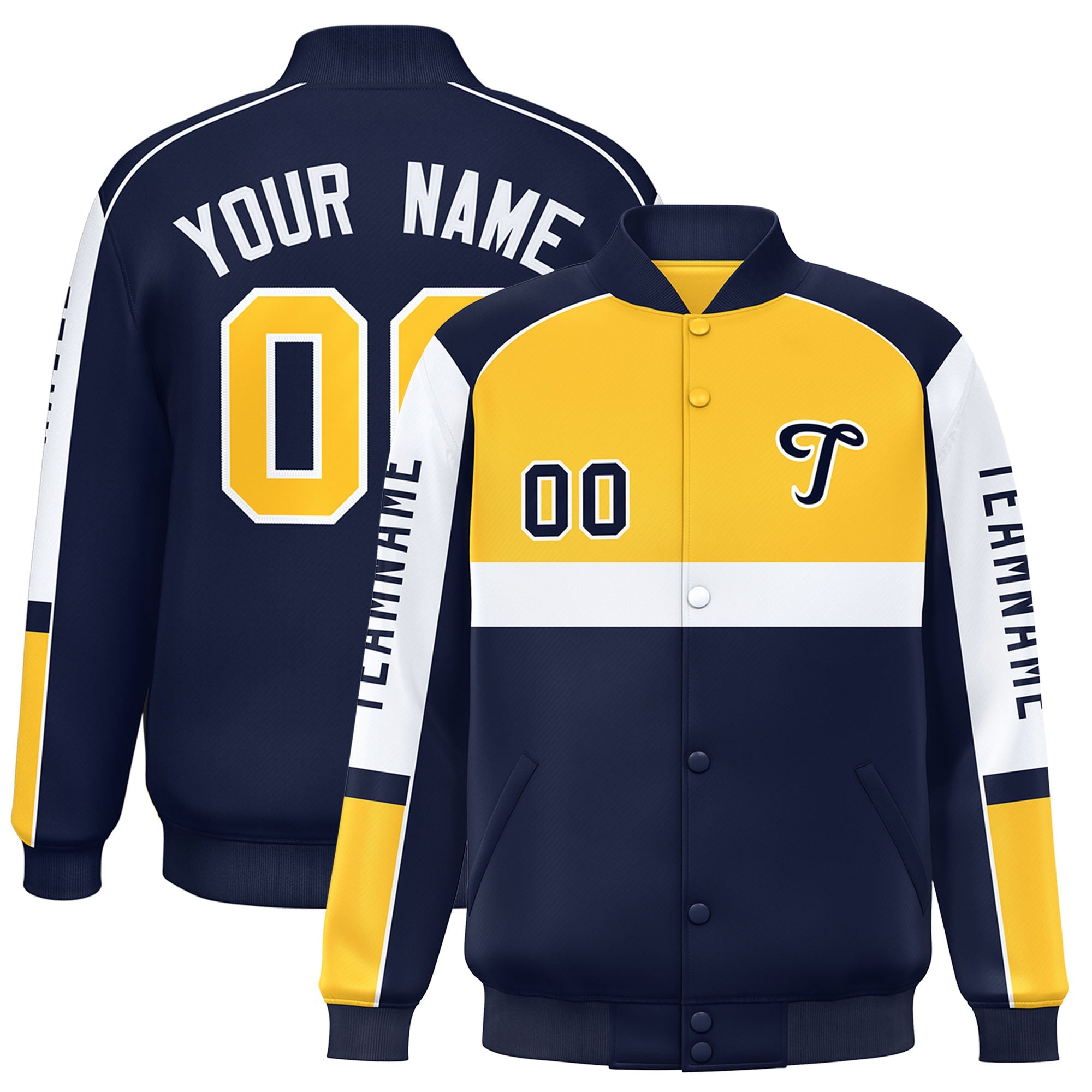 Custom Yellow Navy Varsity Full-Snap Raglan Sleeves Letterman Jacket