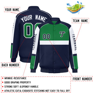 Custom Kelly Green Navy Varsity Full-Snap Raglan Sleeves Letterman Jacket