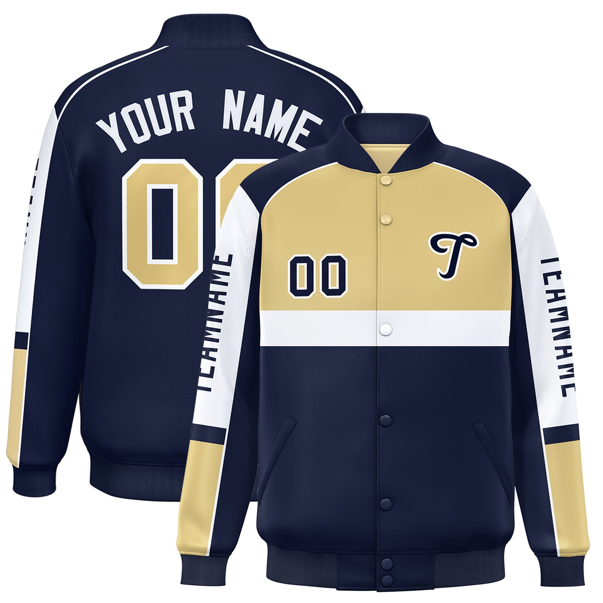 Custom Khaki Navy Varsity Full-Snap Raglan Sleeves Letterman Jacket