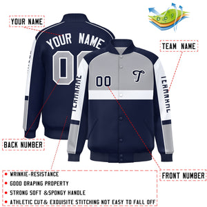 Custom Gray Navy Varsity Full-Snap Raglan Sleeves Letterman Jacket