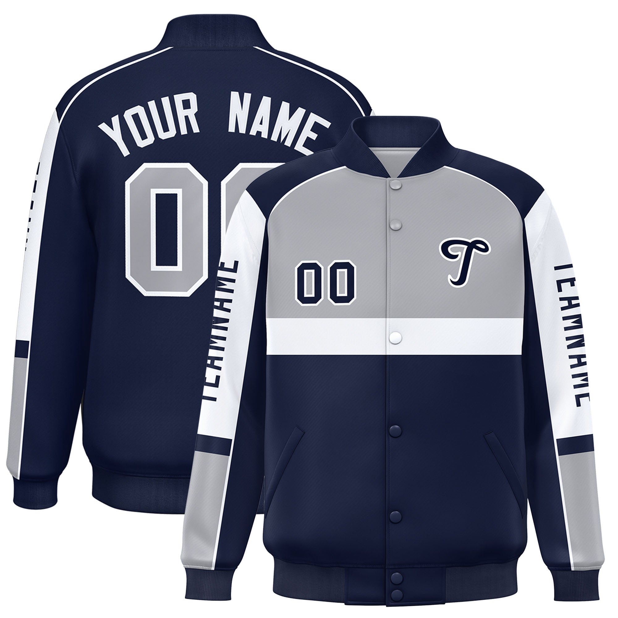 Custom Gray Navy Varsity Full-Snap Raglan Sleeves Letterman Jacket