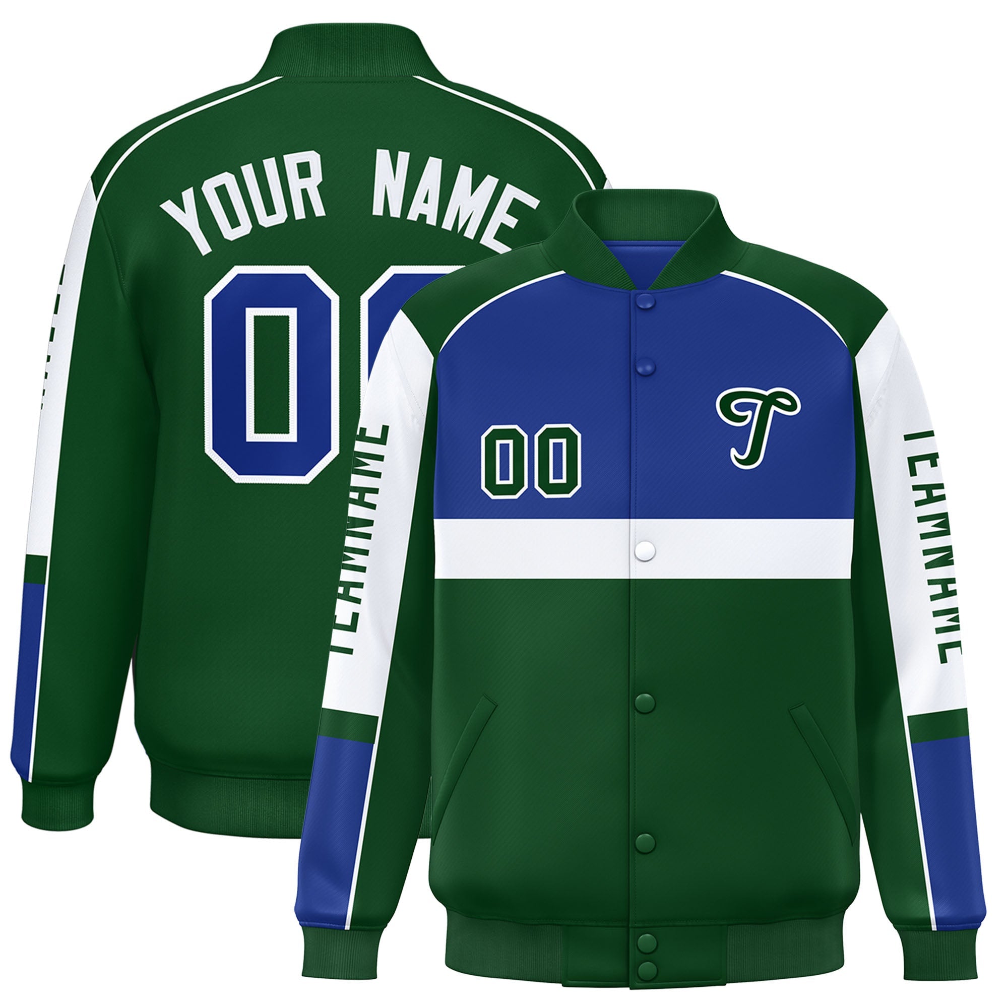 Custom Royal Green Varsity Full-Snap Raglan Sleeves Letterman Jacket