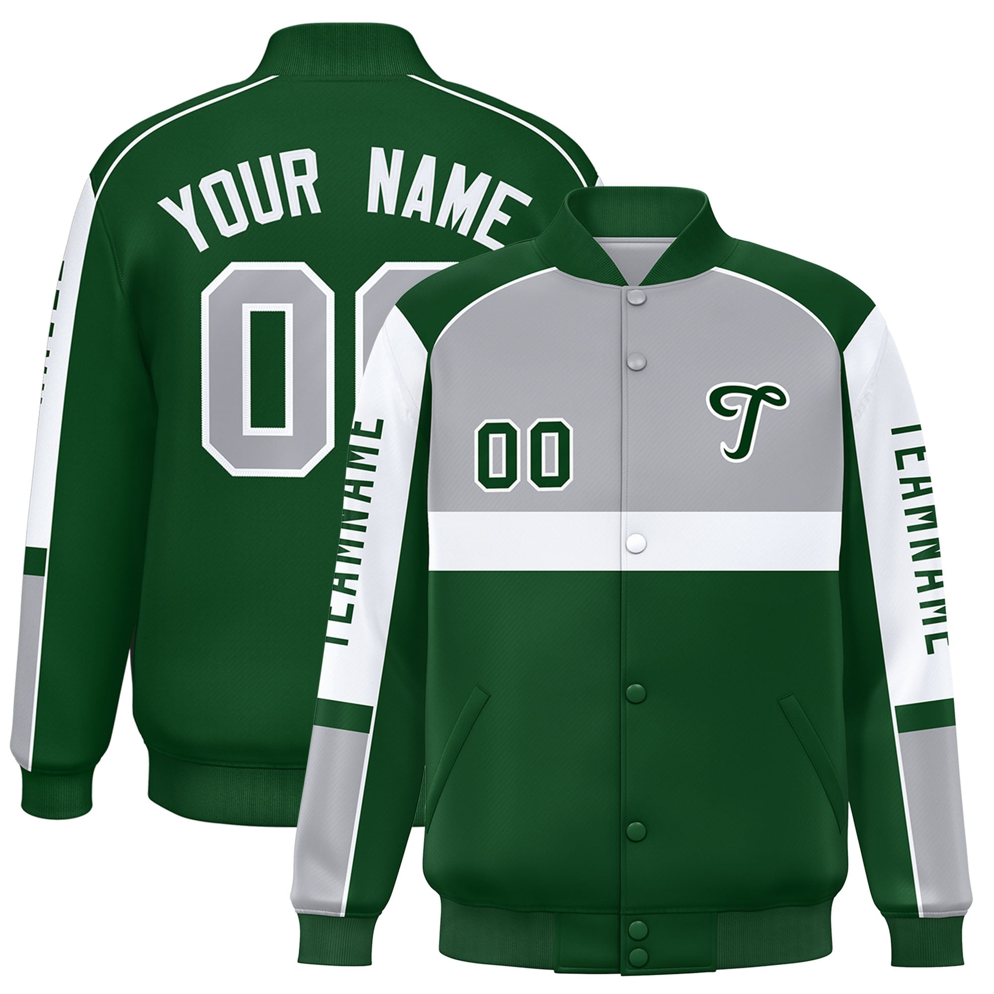 Custom Gray Green Varsity Full-Snap Raglan Sleeves Letterman Jacket