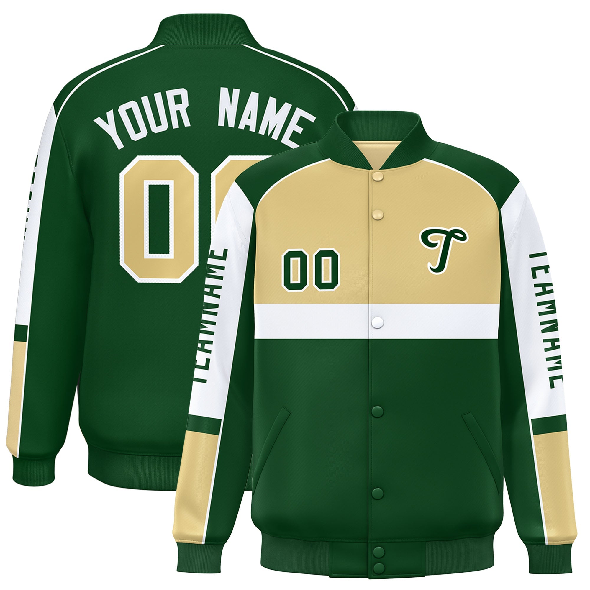 Custom Khaki Green Varsity Full-Snap Raglan Sleeves Letterman Jacket