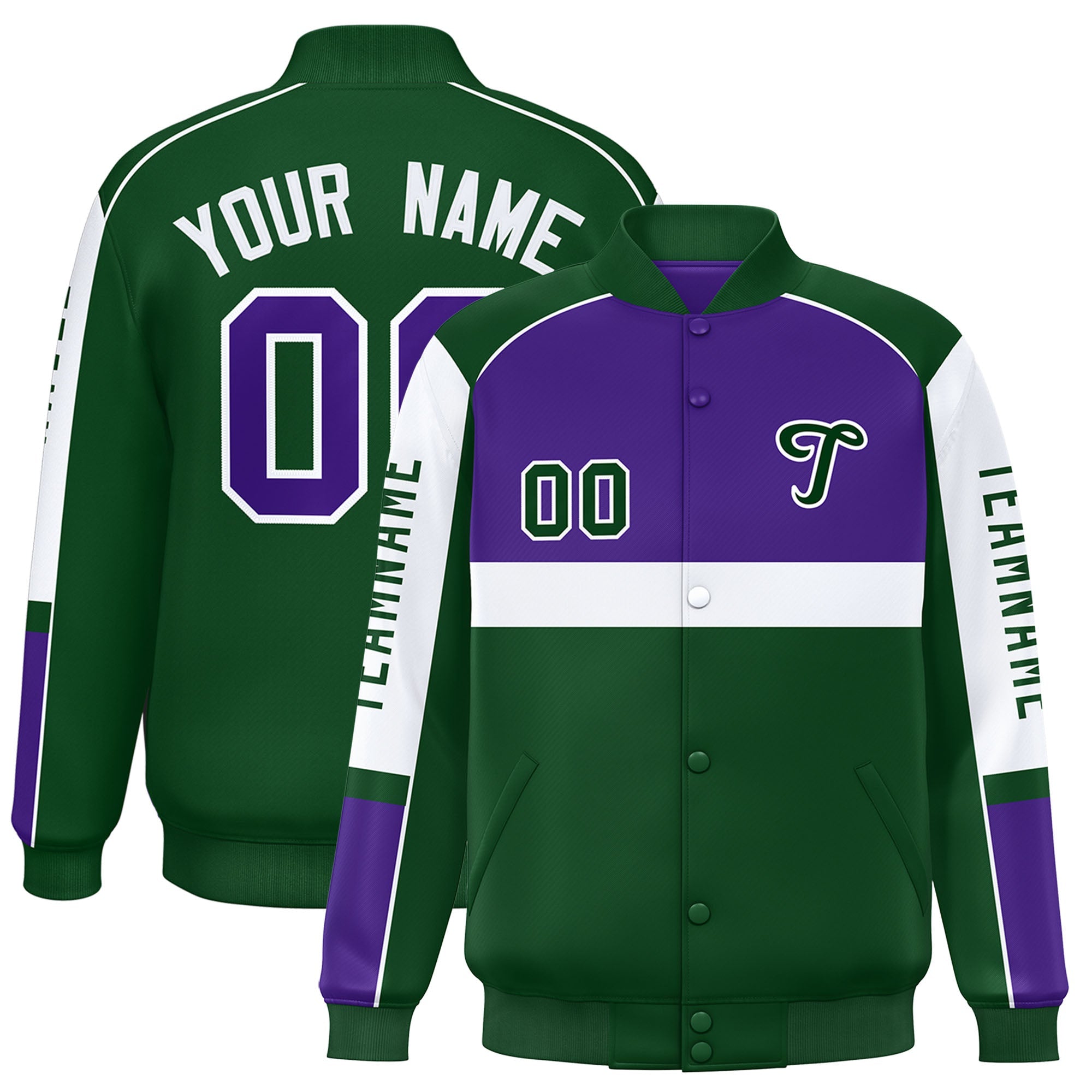 Custom Purple Green Varsity Full-Snap Raglan Sleeves Letterman Jacket